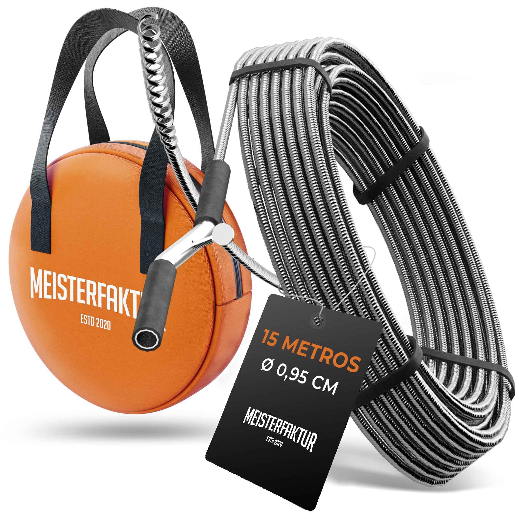 Meisterfaktur Desatascador Tuberias 3.0 [15 m] - muy Larga - Espiral para Desatascar Tuberias para Atascos Graves y Difíciles - ¡Limpiador de Desagües y de Tuberías para Aficionados al Bricolaje!