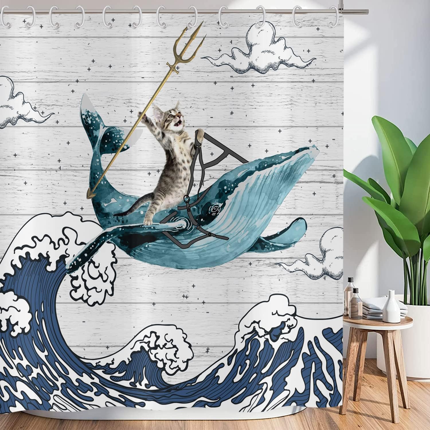ASDCXZ Shower Curtain Funny 240x180 cm, Cats Ride Whales Sea Wave Washable Funny Textile Bathroom Curtains Polyester Waterproof Shower Curtains for Bathtub with 12 Shower Curtain Hooks — image 1