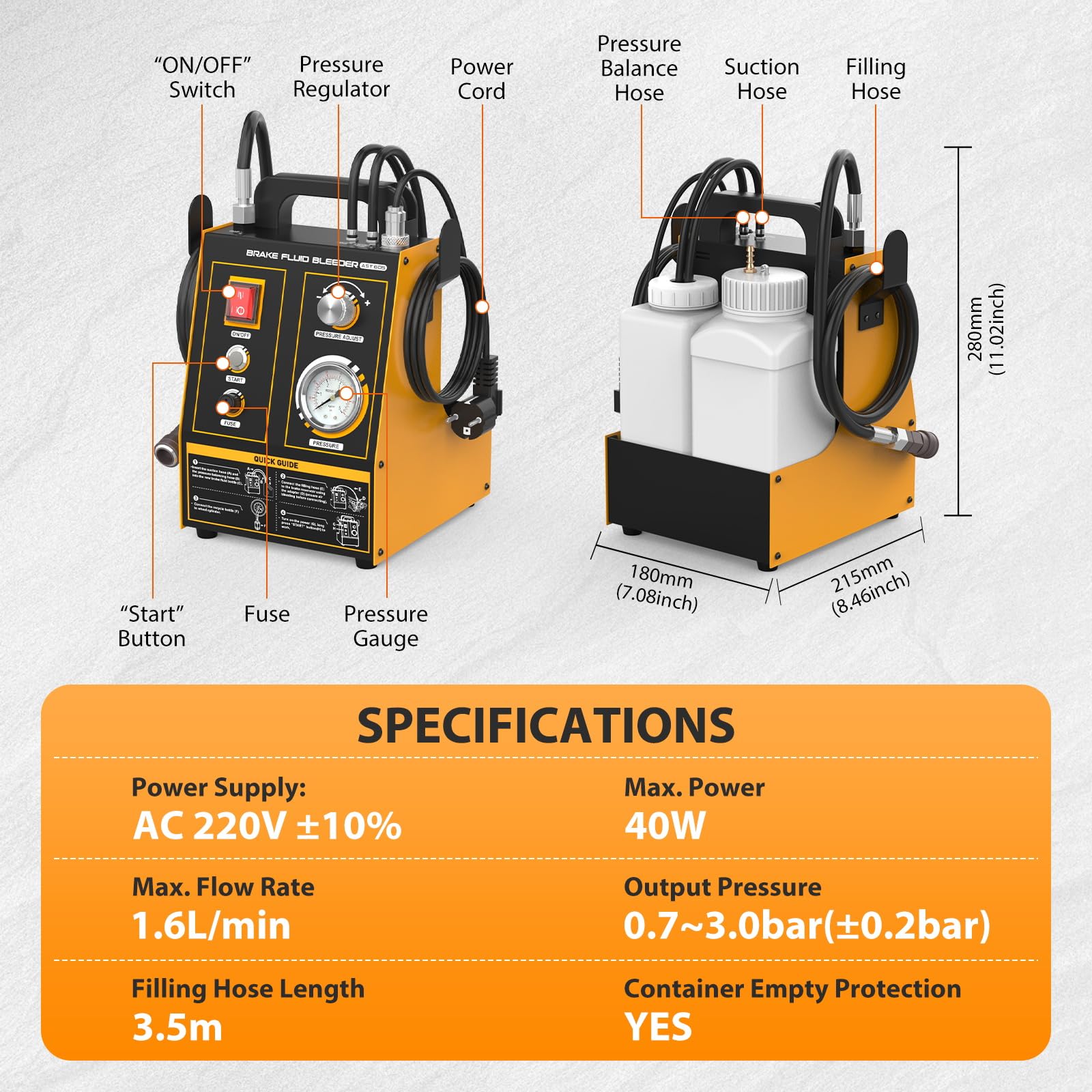 AST605 - Purgador de frenos para coche, 220 V, automático, con 20 adaptadores, 0,7 ~ 2,5 bar, presión ajustable
