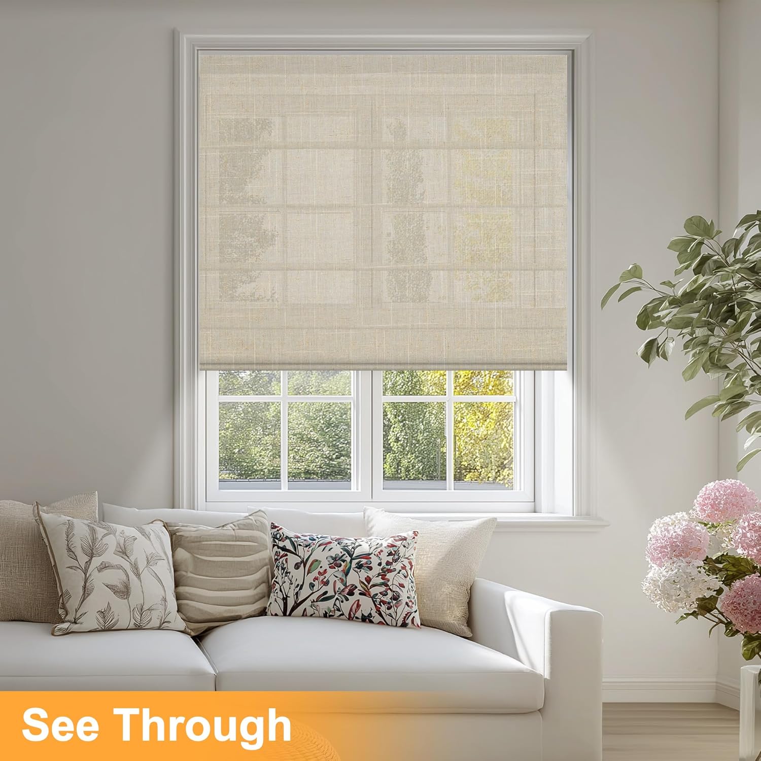 No Drill Roman Shades Cordless,See Through Linen Roman Blinds,No Tools Blinds for Indoor Windows,Room Darkening,Privacy for Home Decor,See Through - Linen,58" W x 56" H