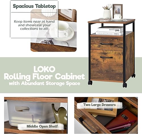 Miniatura 7 de LOKO Archivador móvil de 2 cajones, archivador rodante para debajo del escritorio con estante abierto, soporte de impresión con ruedas, archivador
