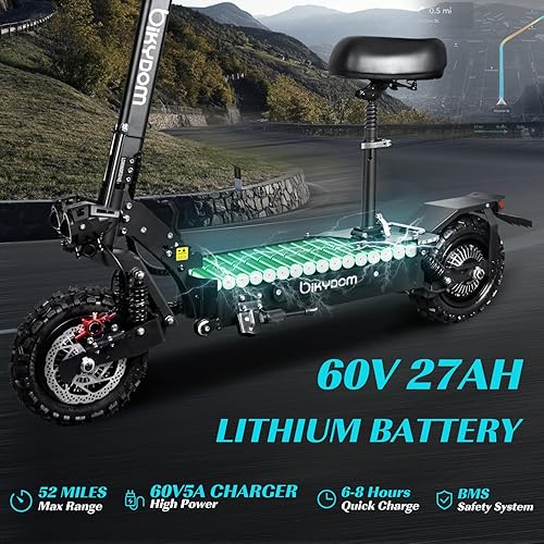 Miniatura 3 de 5600W Electric Scooter for Adults Up to 455MPH,27AH Battery with 52 Miles Travel Range, Folding 11" Vacuum Off Road Tire E Scooter with Seat