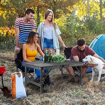 Camping Table Small Folding Table Picnic Outdoor Garden Table with Handle, Rust-Proof Mesh Tabletop, Anti-Slip Pads, Adjustable Height and Lightweight for BBQ, Fishing, RV