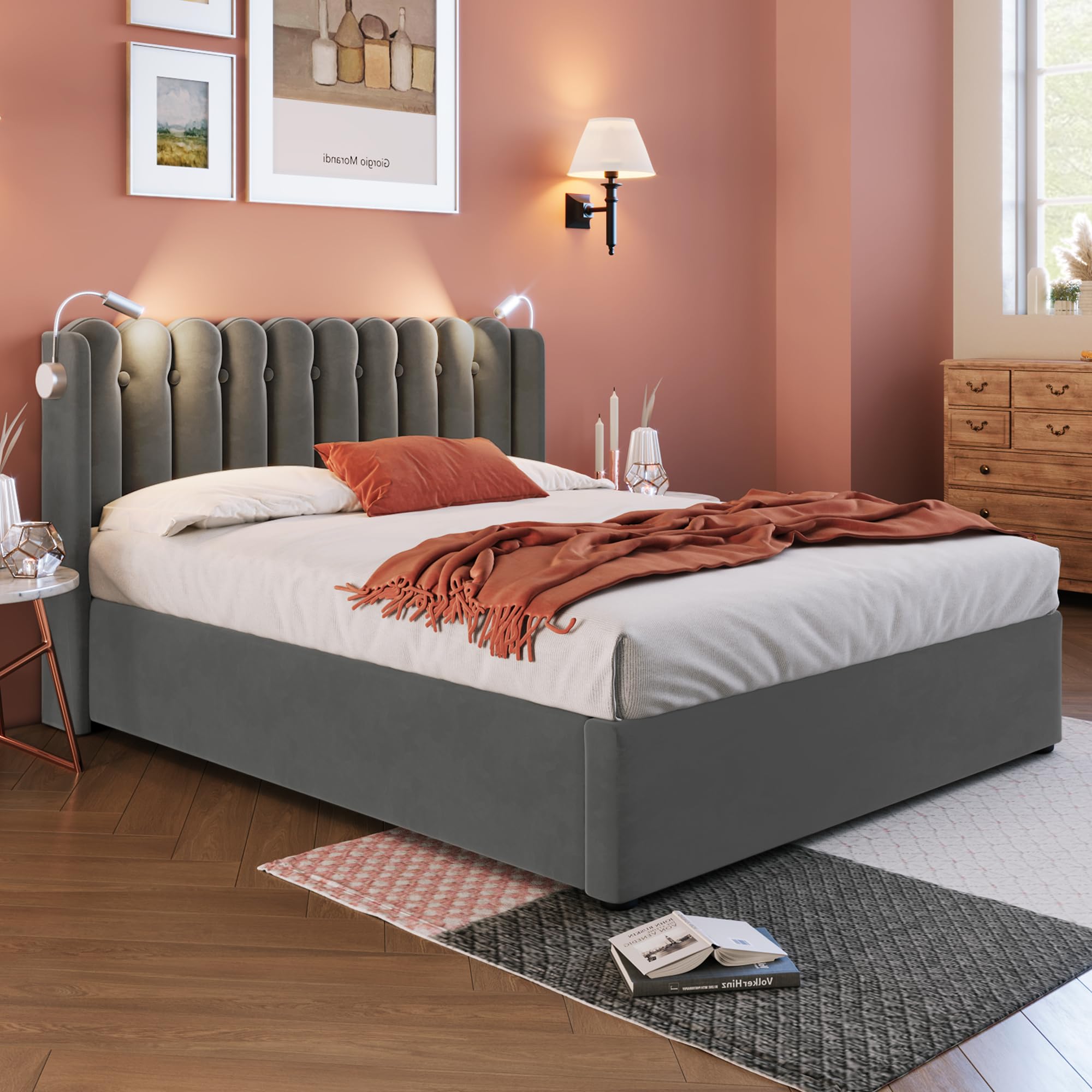 Letto imbottito 160 x 200 cm con funzione di ricarica, luce da lettura e spazio – velluto grigio, con materasso, testiera con USB, letto per ragazzi, portata 300 kg