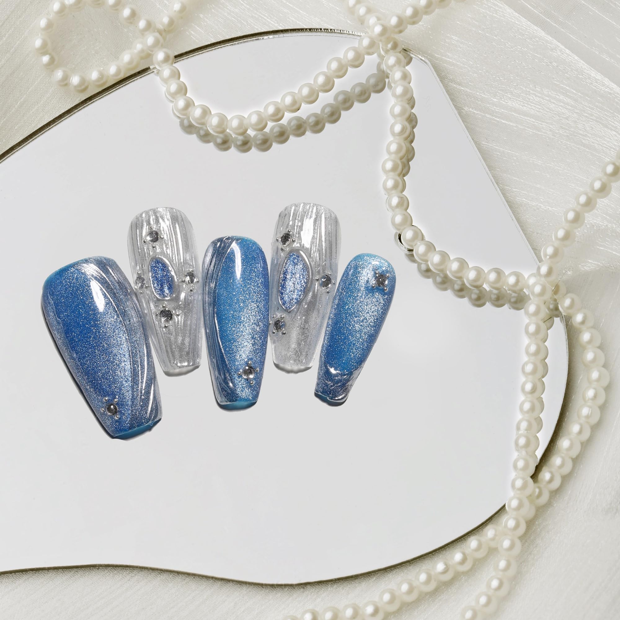 Sun&Beam Nails Handmade Press-on Medium Long Coffin Nails Silver White Blue False Nail Tips Design Baroque Style Fashionable 10 Pcs Set (#154 M) - Image 4