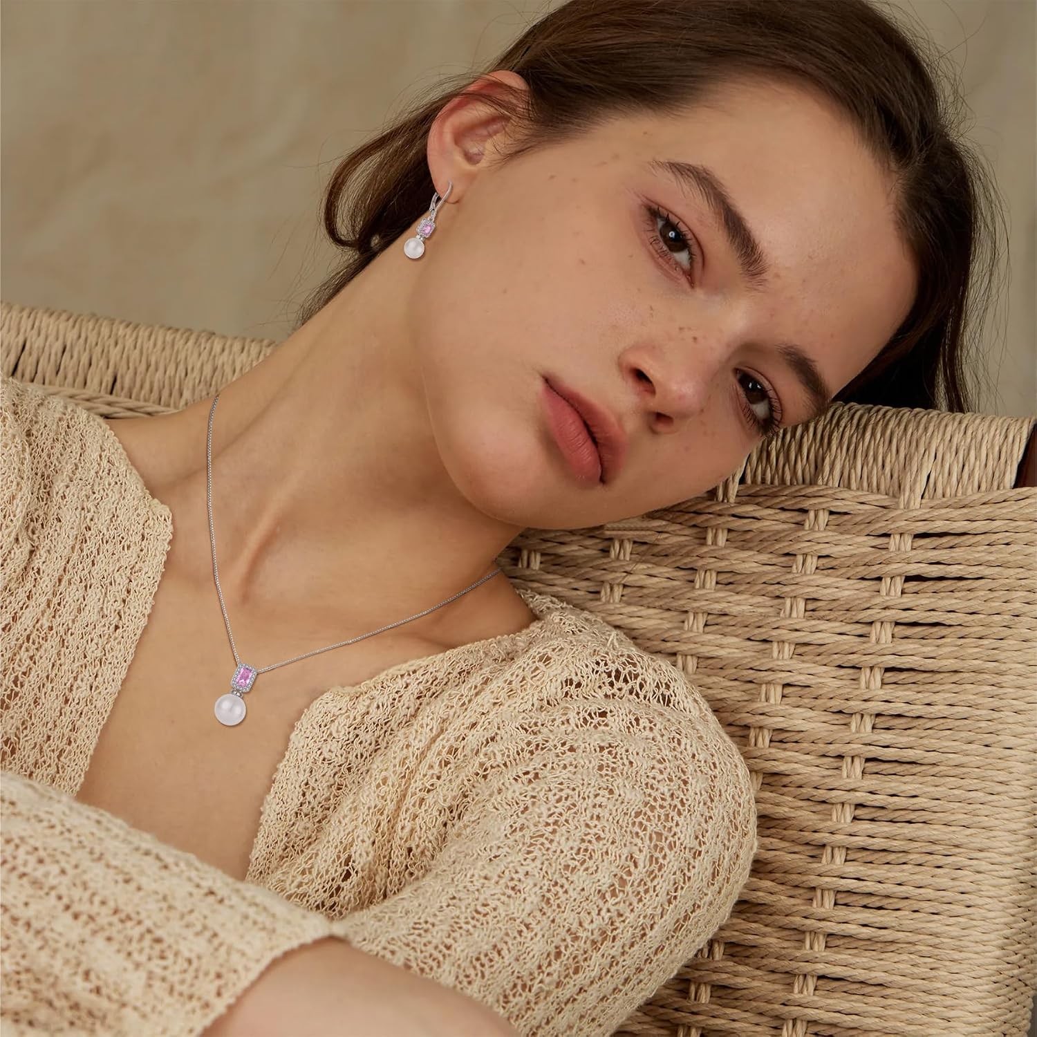 Pearl Necklace for Women 925 Sterling Silver Birthstone Pendant Necklace Emerald Cut Jewelry Gifts for Her
