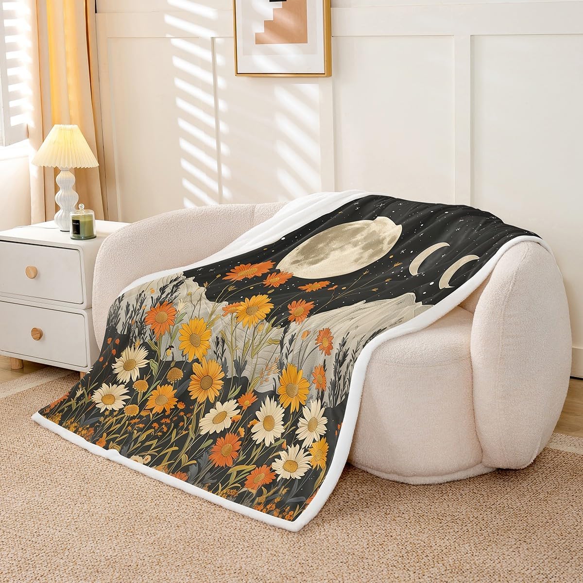 Rustic Daisy Bed Blanket,Natural Moon Sky Starry Glitter Trippy Flannel Blanket for Room Decor,Jungle Mount Blooming Flowers Aesthetic Fleece Blanket for Kids Adults,Super Soft,Twin 60"x80" image 3