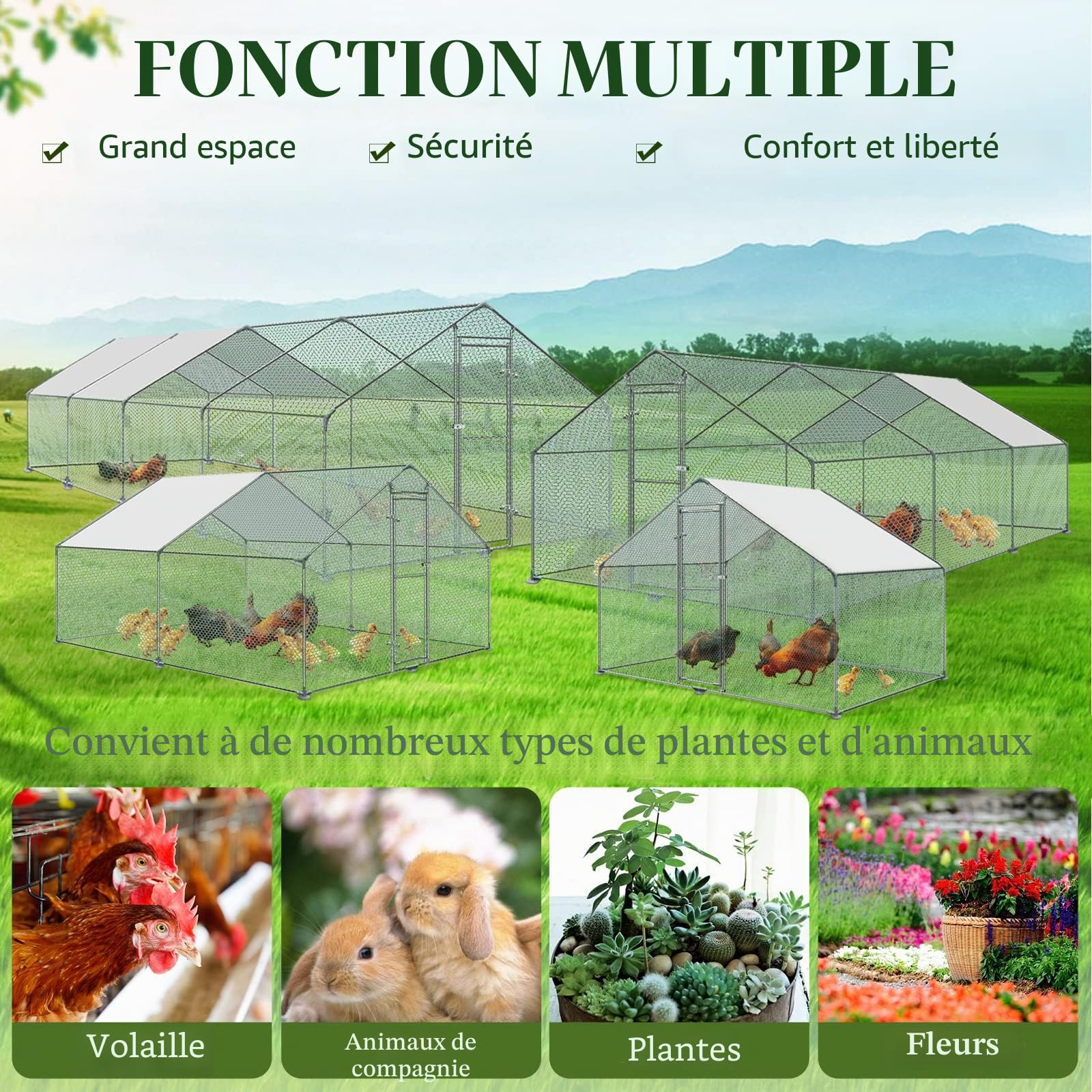 LZQ Grande cage de poulet en métal avec housse imperméable pour poulet en plein air, canard et rabbit 3 x 2 x 2 m