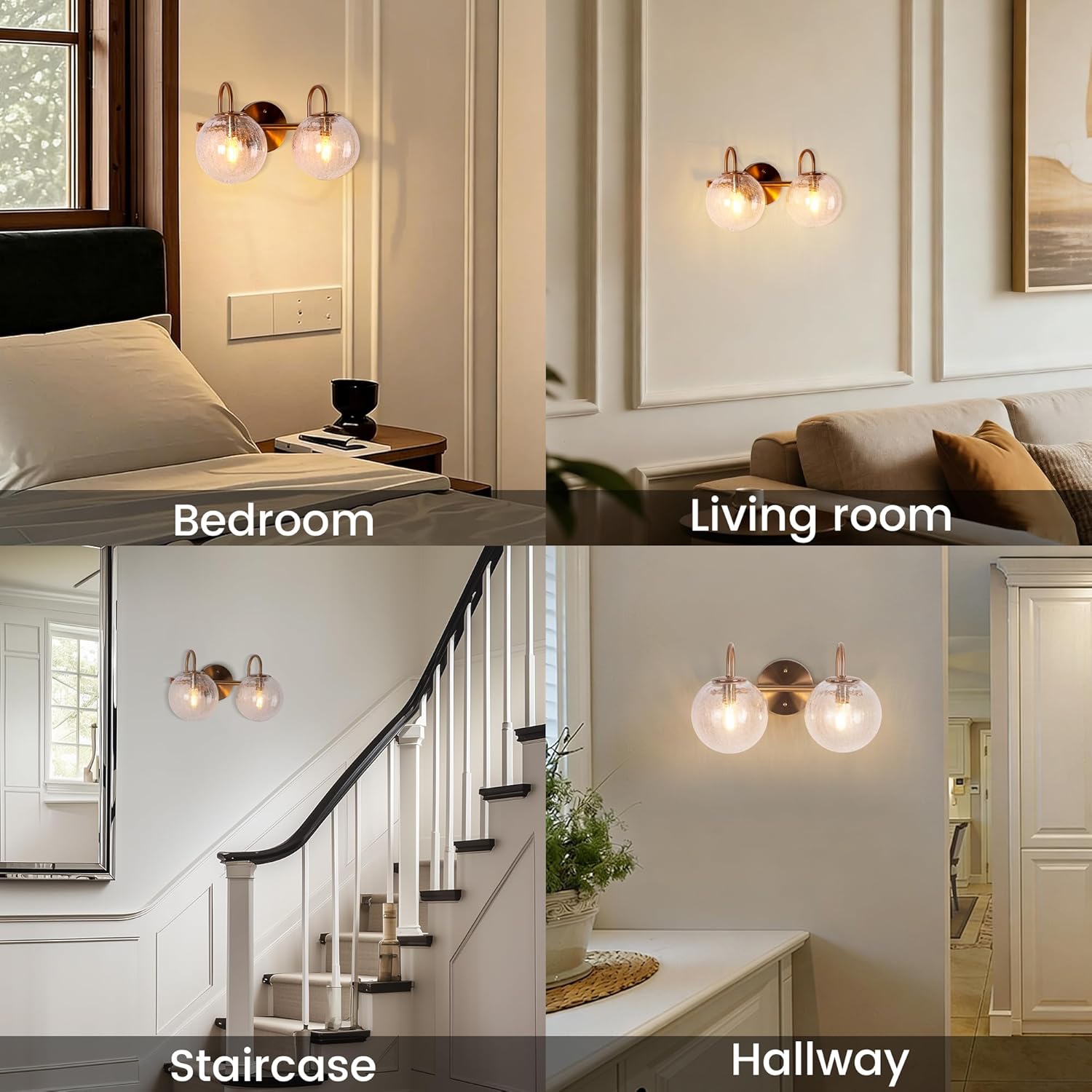 2-Light Bathroom Light Fixtures, Gold Bathroom Lights Over Mirror with Cracked Glass Globe Shade, Modern Vanity Lights for Bathroom Bedroom Living Room Hallway E12 Base(Bulbs Not Included)
