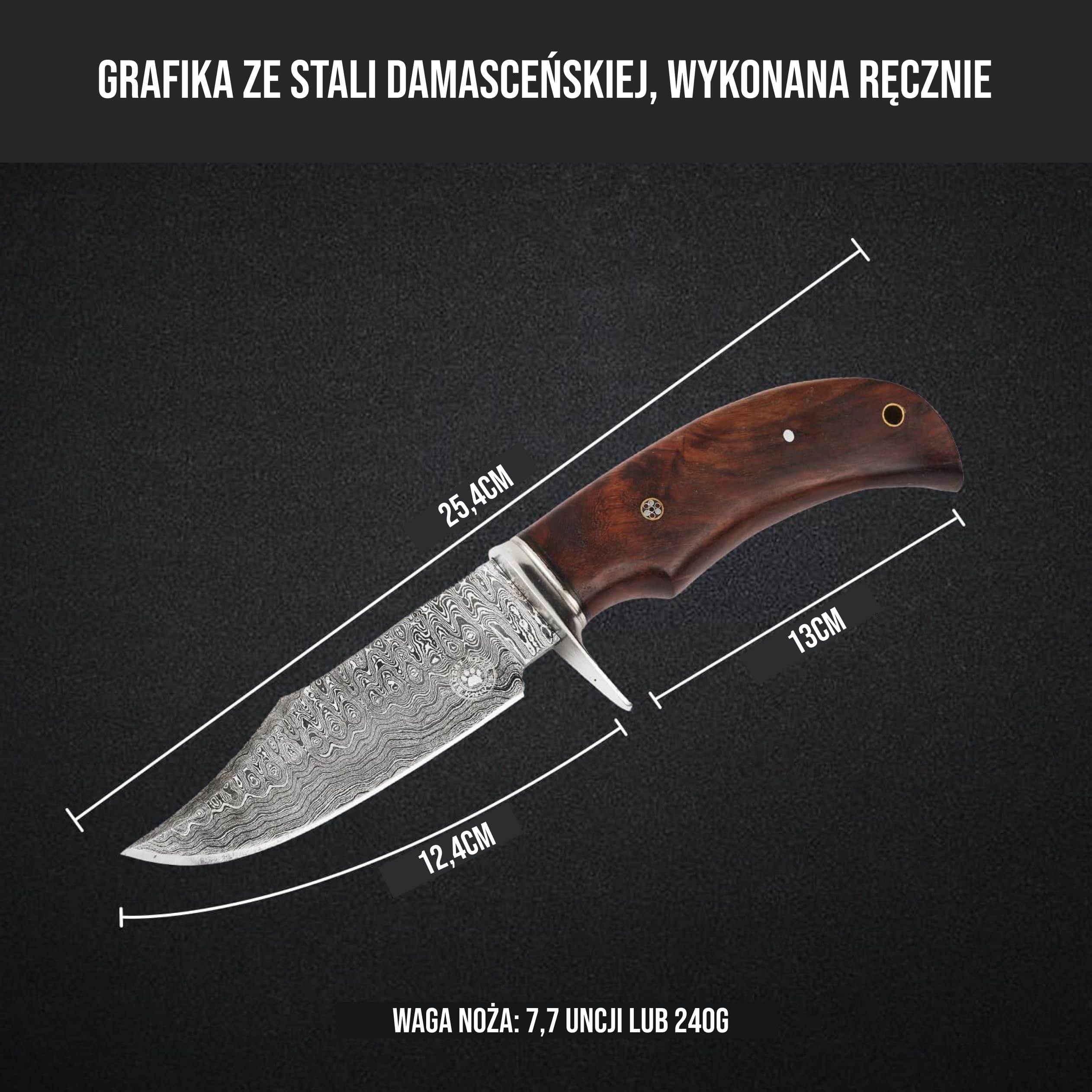 BIGCAT ROAR Ręcznie Wykonany Nóż Myśliwski z Damastu - Nóż Stały do Bushcraftu z Pokrowcem i Rączką z Orzecha - 10″ Nóż do Skórowania EDC - Myśliwy na Niedźwiedzie