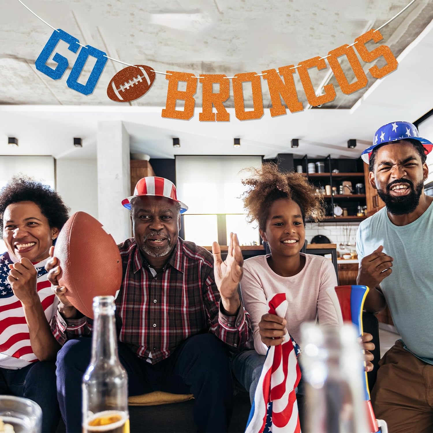 Go Broncos Banner - Broncos Party Sign, College Football Party Decor, Football Team Party Decorations Blue & Orange Glitter - Image 4