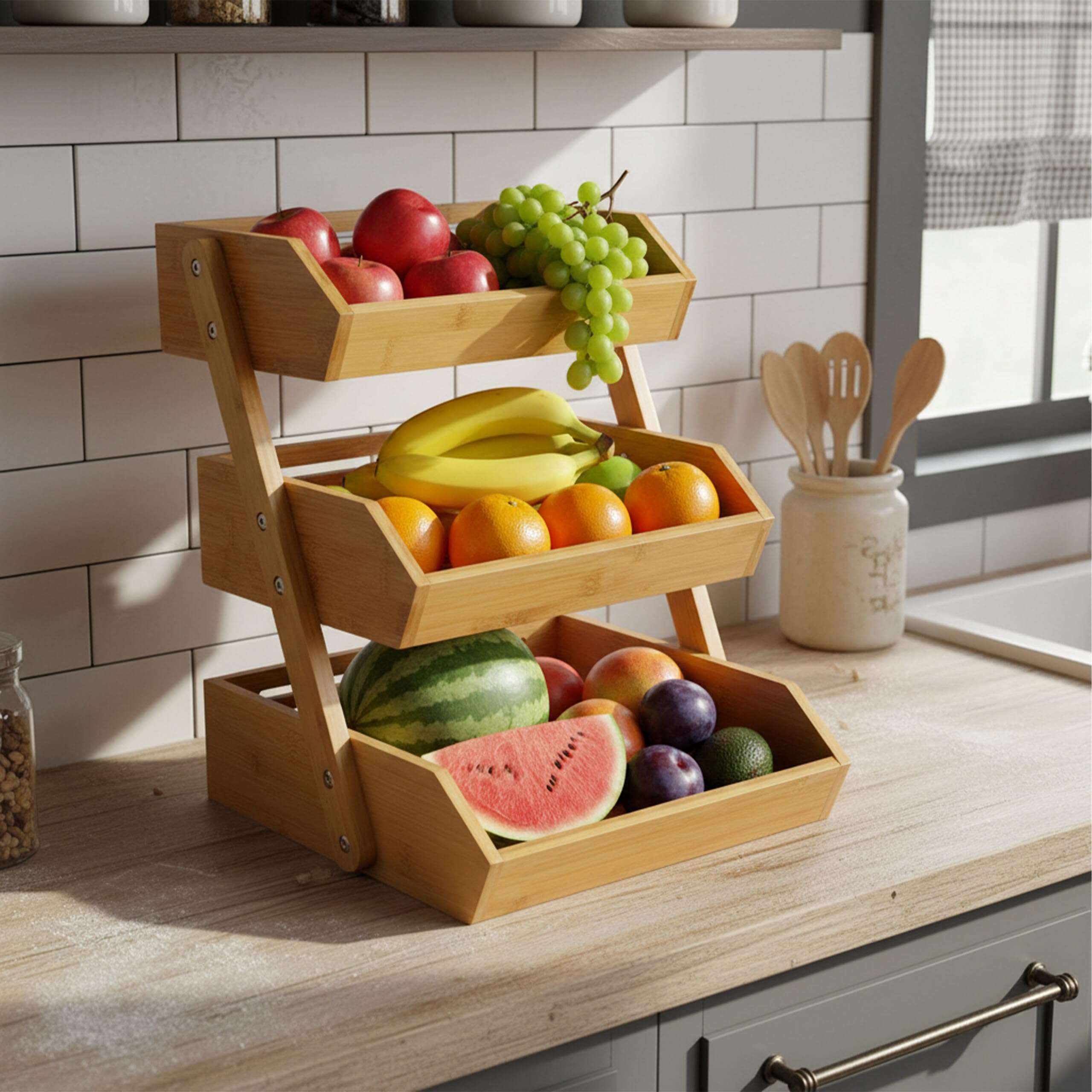 Relaxdays Étagère à fruits en bambou, 3 niveaux, H x L x P 41 x 33 x 30 cm, support pour fruits, légumes et pâtisseries.