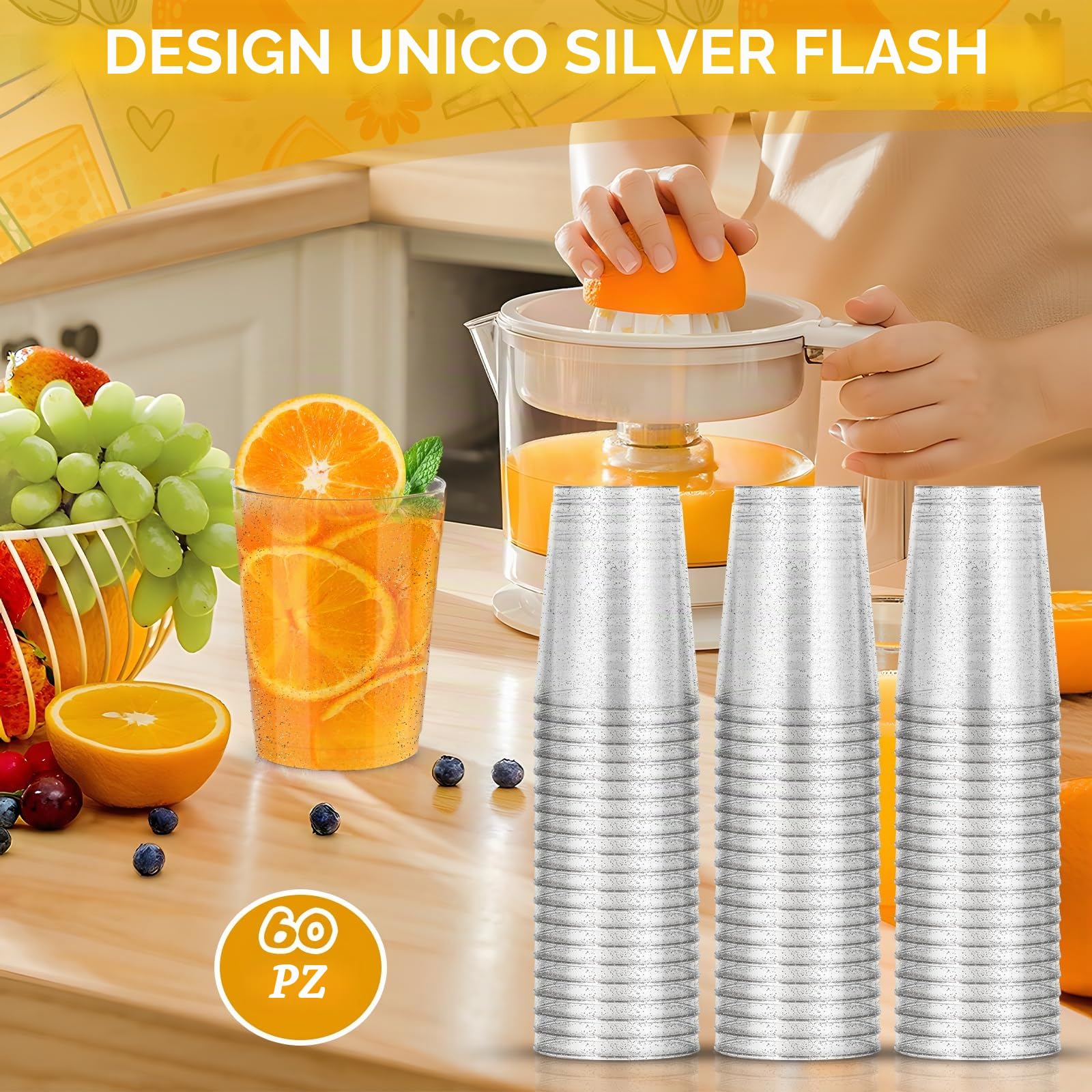Confezione da 60 bicchieri di 'plastica', 300 ml, in plastica rigida, riutilizzabili, bicchieri da cocktail per beer e bevande, feste, compleanni, matrimoni, Natale, argentati