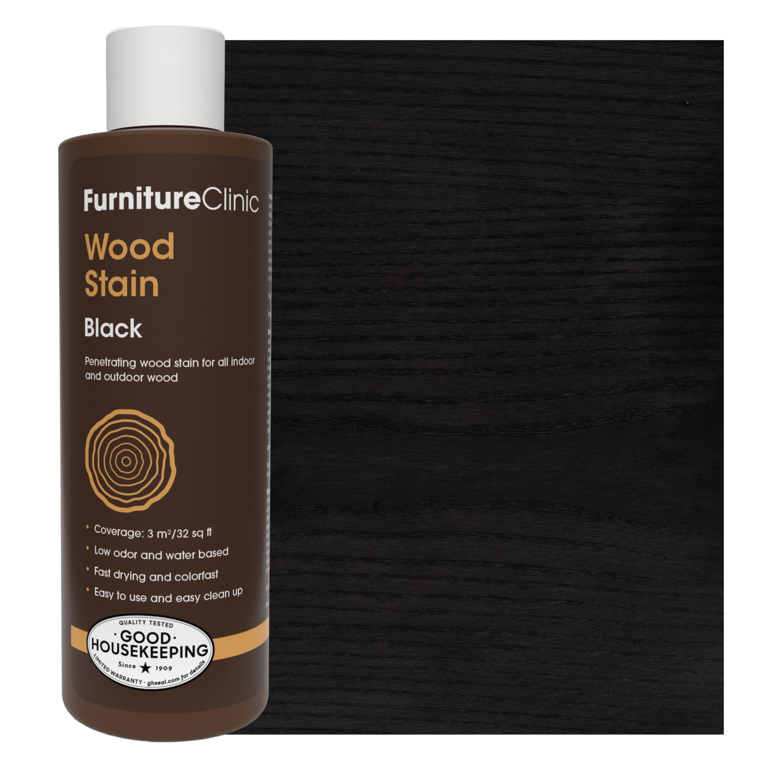 Furniture Clinic Wood Stain | Black | Water Based | Fast Drying, Low Odor, & Non-Toxic | For Indoor & Outdoor Furniture and More | Multiple Finishes | (8.5oz / 250ml)