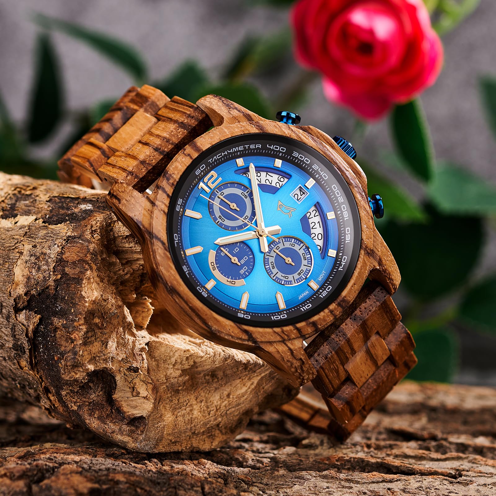 2win Reloj de madera grabado para hombre, esfera azul de cebra, reloj cronógrafo para marido, aniversario, cumpleaños, Navidad, día de San Valentín, regalo de esposa