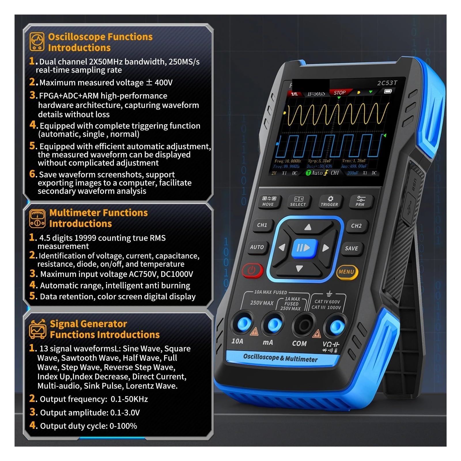 Osciloscopio Multímetro Generador De Señal 3 En 1 50MHz 250MS