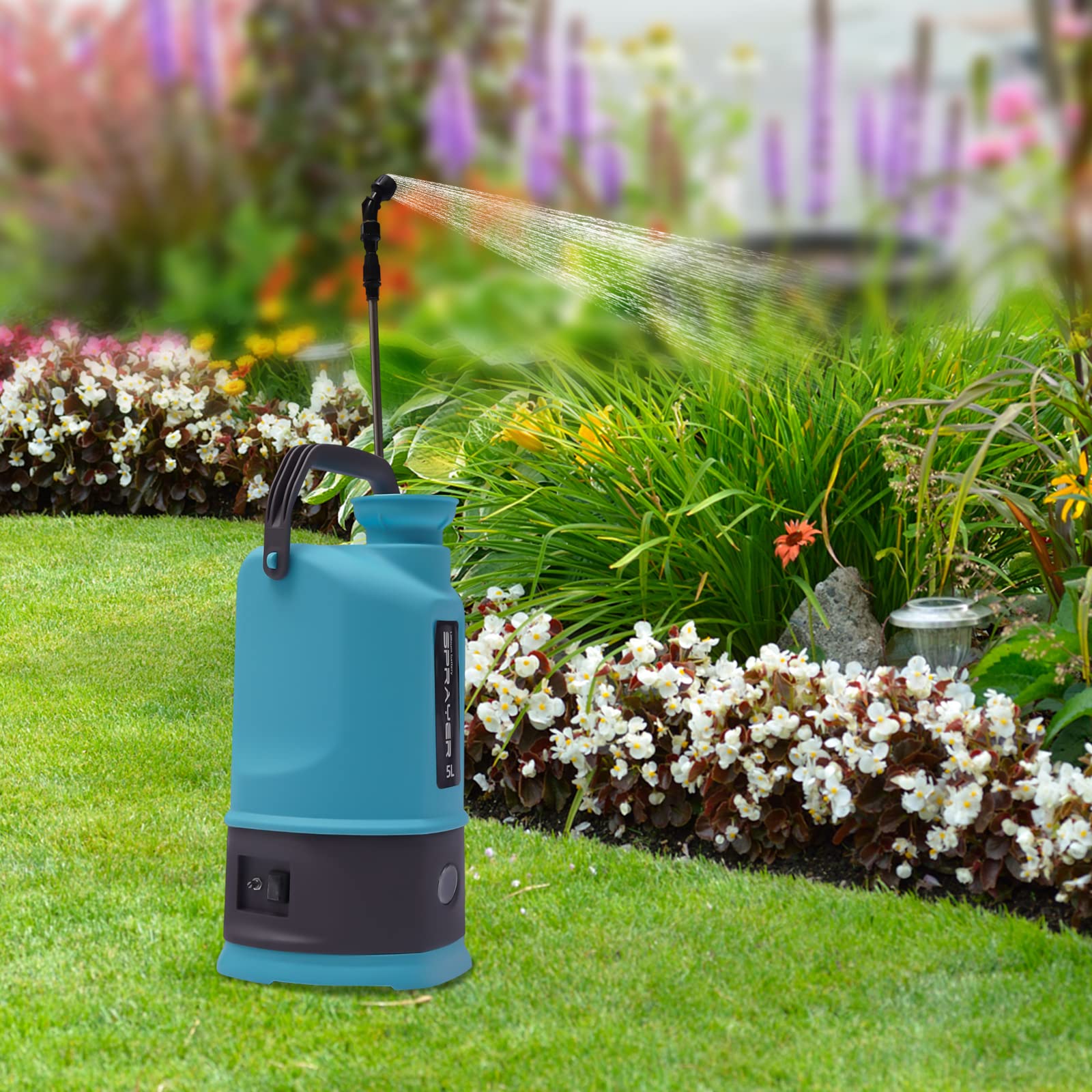 Akku Drucksprüher 5 Liter, Elektrische Sprühgerät 3.2 Gallon Batteriebetriebener Sprüher mit Verstellbaren Sprühstab und 2 Düsen für Langzeitsprüher Gartensprüher (Doppelt elektrisch)