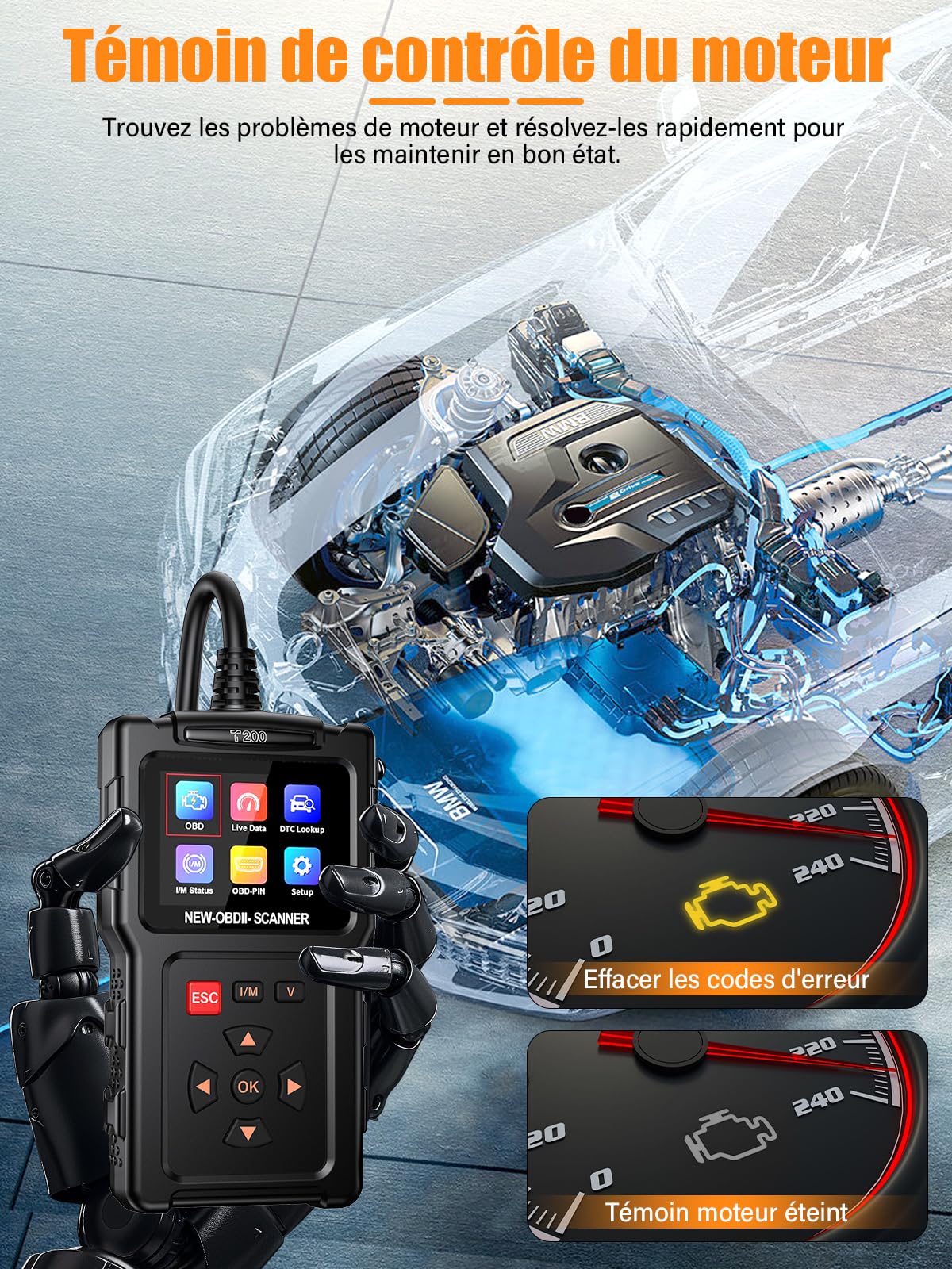 OBD2 Diagnostic Auto Valise Voiture: OBD Diagnostique Français Auto Multimarque pour BMW Peugeot VW Véhicules après 2002, Lecteur de Codes de Panne Moteur avec Lecture en Temps Réel des Données