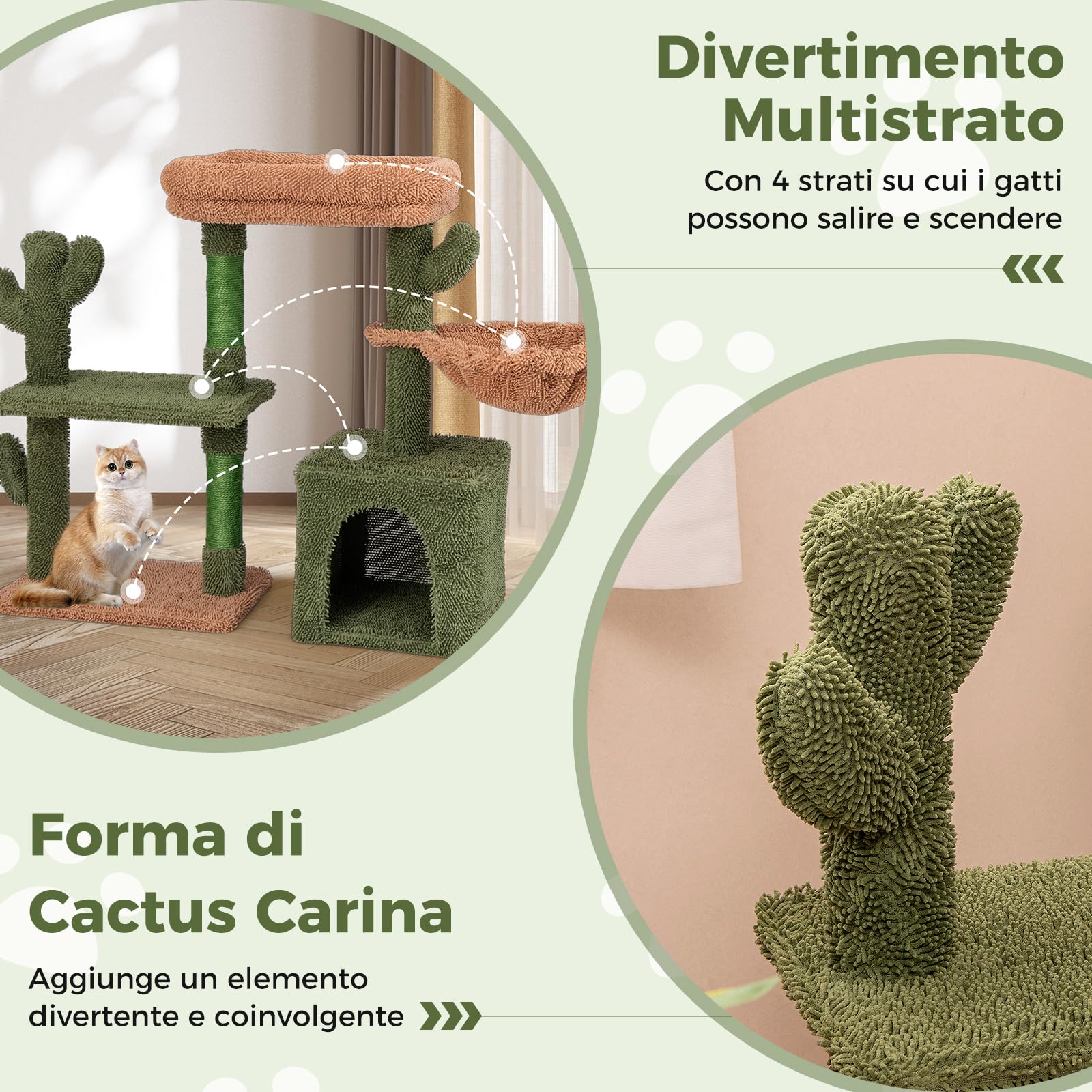 COSTWAY Tiragraffi per Gatti Moderno, Torre per Gatti Estetica a Forma di Cactus con Ripiano, Condo, Amaca, Posti per Graffi in Sisal e Cuscino Lavabile, Albero per Gatti Adulti e Cuccioli