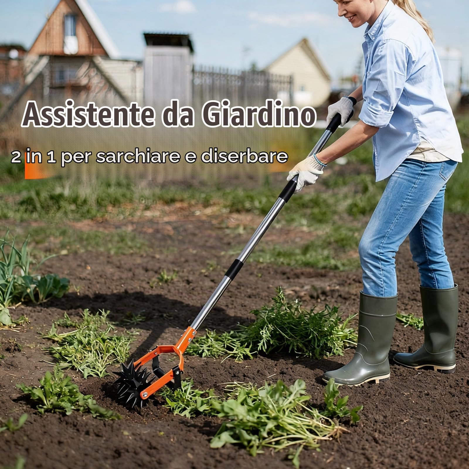 SWAWIS Attrezzo Rotativo per Coltivatore da Giardino con 4-Sezioni Manico in Acciaio Inossidabile, Fresa Manuale con Jätemesser per Pulizia del Terreno e Controllo delle Erbacce, Regolabile