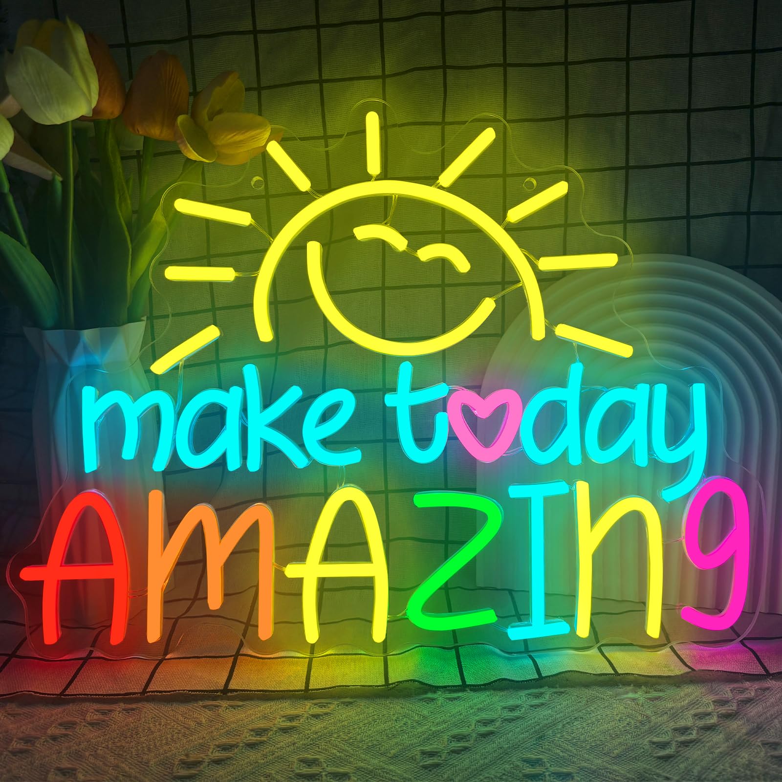 Make Today Amazing Neon Light Sign, Dimmable USB Powered Sunshine Smile Face Neon Signs for Wall Decor, Colorful LED Lights for Bedroom Classroom Wedding Birthday Party Art Decor Gift, 42 x 31cm โ image 1