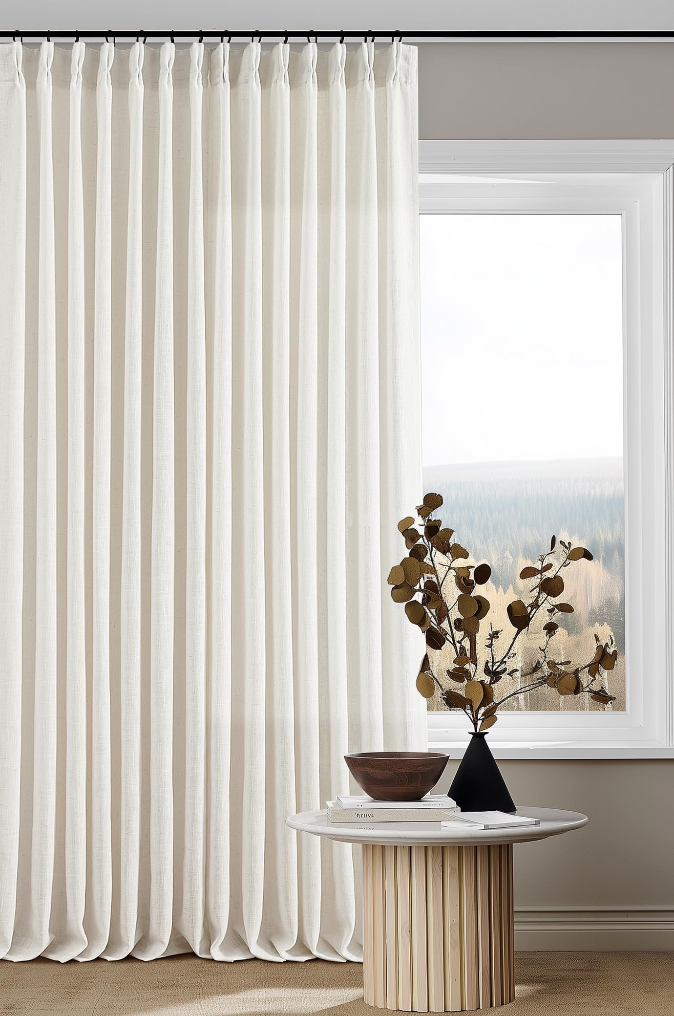 Photo 1 of Extra Long Pinch Pleated 132 Inch Linen Curtains 2 Panels Set for High Ceiling Living Room Bedroom Memory Shaped Semi Sheer Pleat Drapes with Hooks Rings Light Filtering Natural Window Curtain 40x132