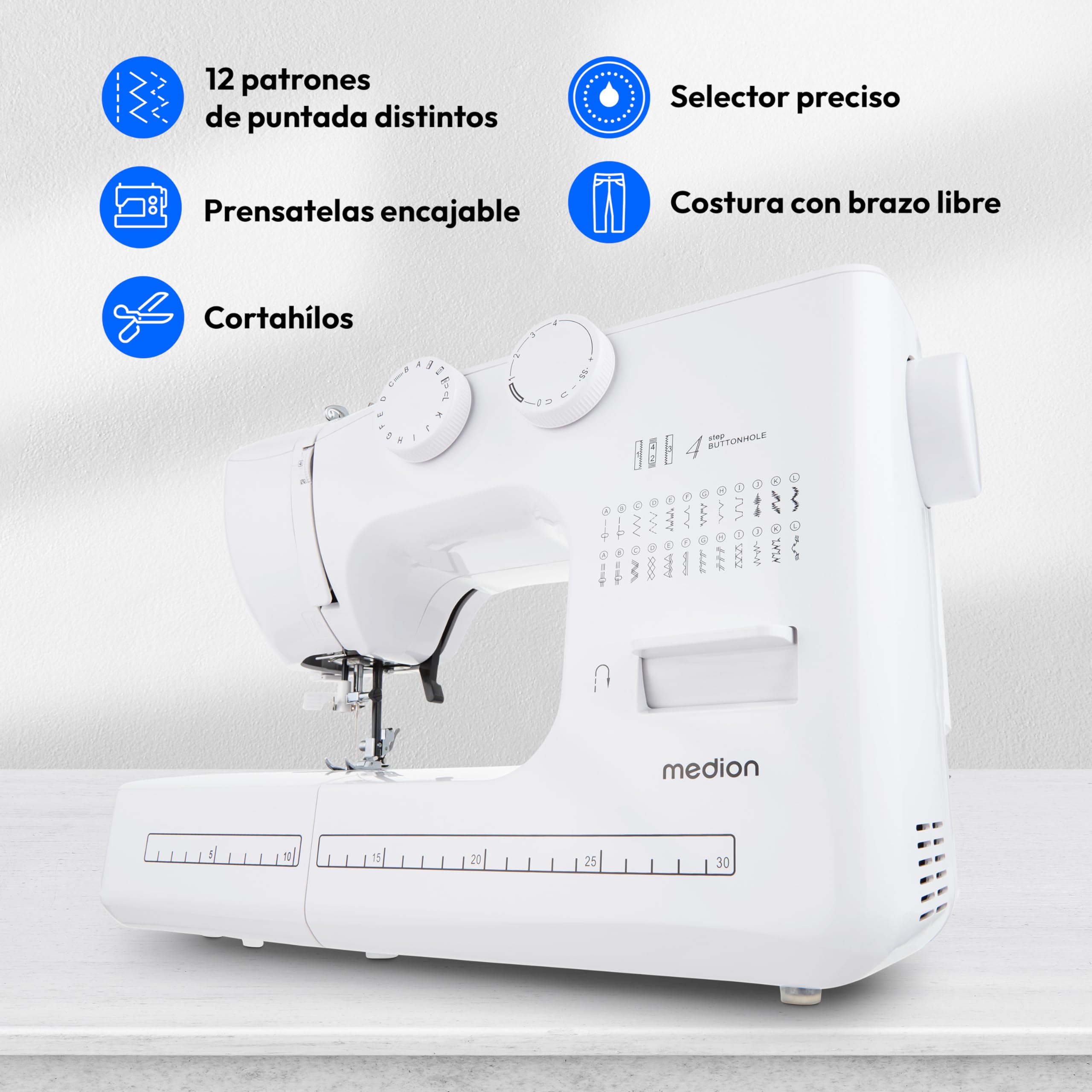 MEDION máquina de coser de brazo libre SM60 (60 vatios, 60 puntadas diferentes con ojales, luz de costura LED, enhebrador automático, botón de marcha atrás, cortador de hilo, MD10689) blanca