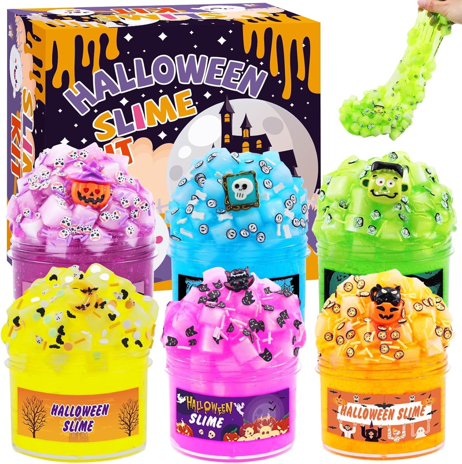 6 Packs Halloween Crystal Clear Slime Kit for Girls Boys ages 8-12, Non Sticky Party Favours Slimes for Kids, party bag fillers with Spooky Add Ins, Jelly Cube Slimes Toys