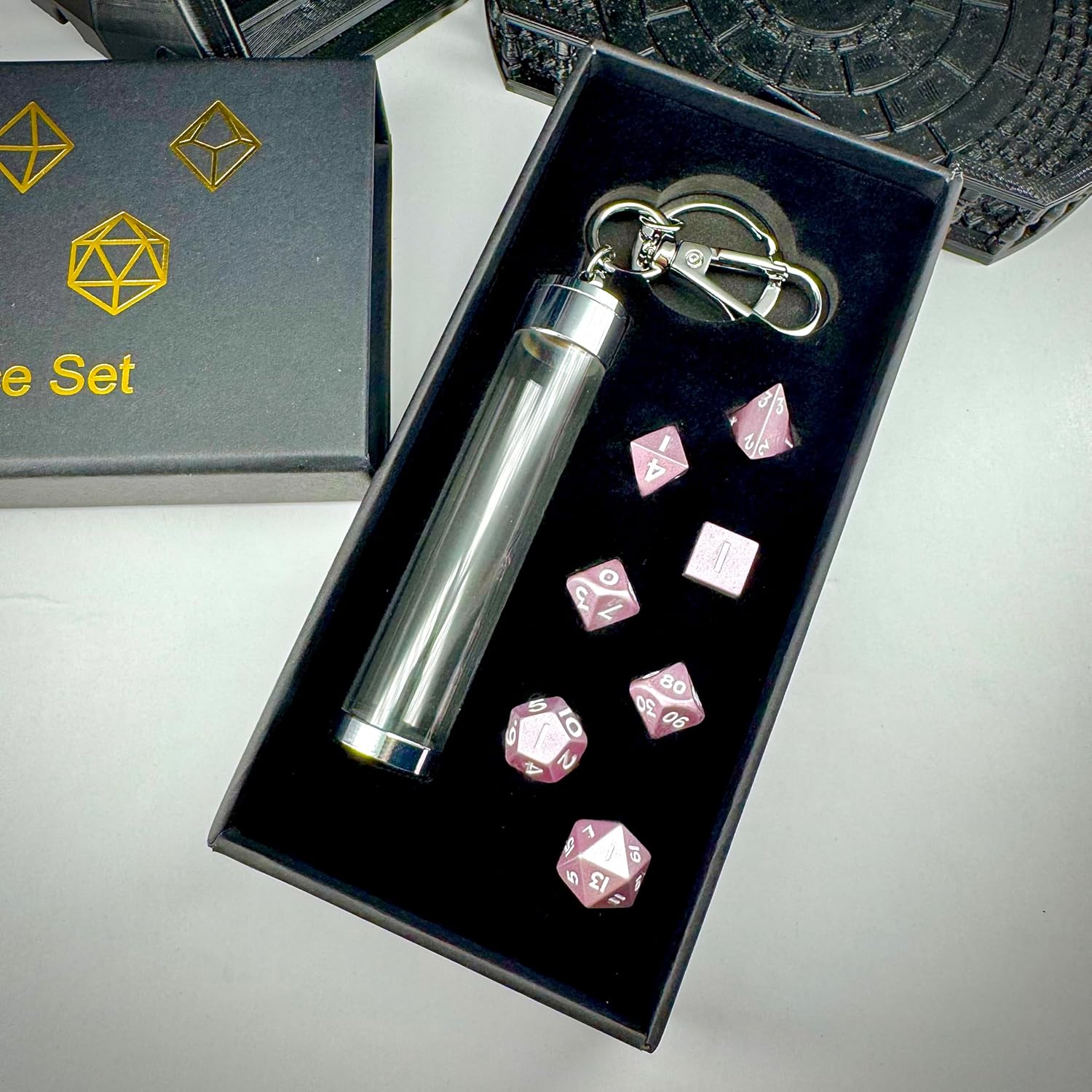 MYZOFEEL 7 pcs Mini Metal Dice Set for DND RPG Games with Keychain Case Portable Role Playing Dice Perfect Accessories - Polyhedral Dice, Dungeons and Dragon Game Dice Set D&D Gifts with Box (Black)