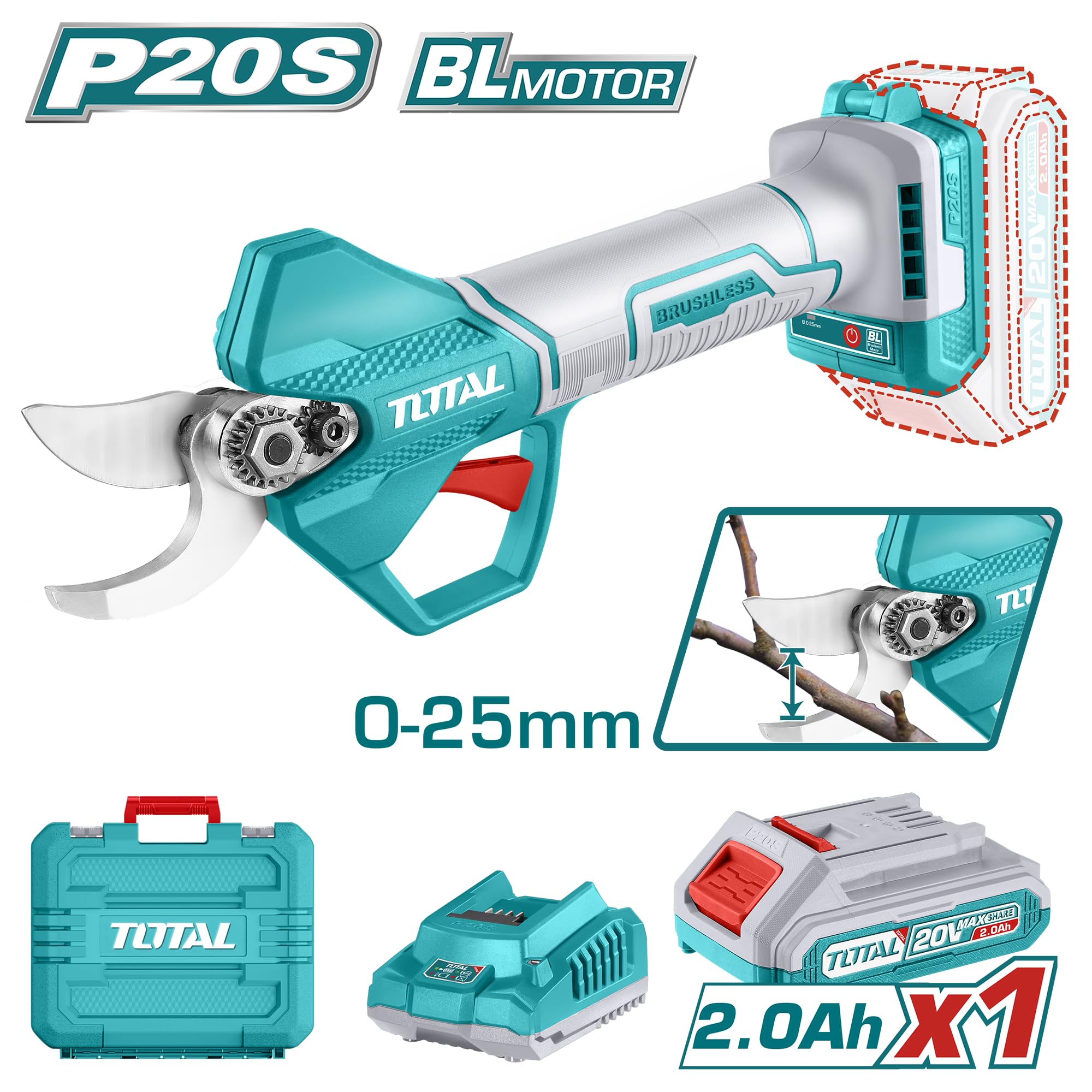 TOTAL - Tijera de Poda Brushless a Batería - 83 x 25 x 3 cm - Azul - Máxima Capacidad de Corte de 25 mm - Tijera de Poda con Motor Brushless para Jardinería