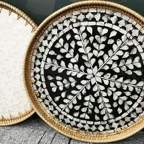 Miniatura 10 de i-lan Bandeja redonda de ratán de 16 pulgadas con base de madera de mopa beige, bandeja otomana de mimbre extra grande con 1 pulgada, platos tejidos