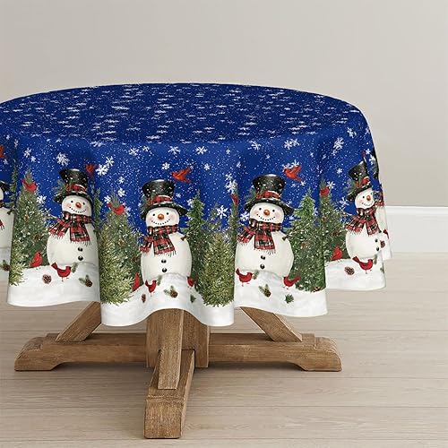 Miniatura 7 de Horaldaily Mantel redondo de Navidad de 70 x 70 pulgadas, diseño de árboles de muñeco de nieve de invierno, color rojo, lavable, para fiesta,