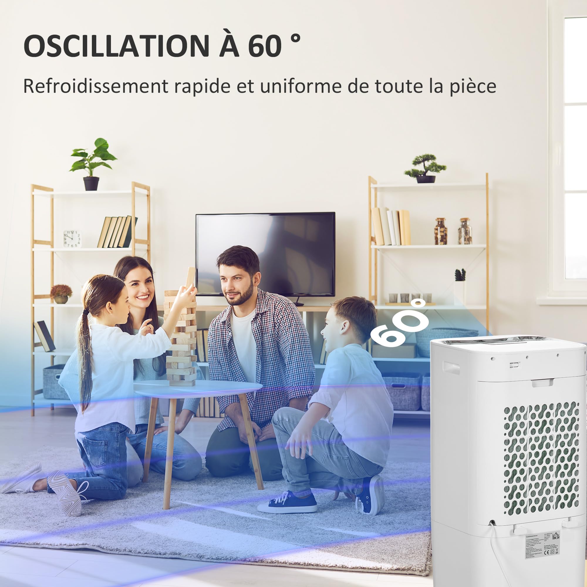 HOMCOM Refroidisseur d'air portable 65 W 3 en 1 avec ventilateur par évaporation, réservoir d'eau 15 L, oscillation, télécommande, 3 modes, minuterie 8H, refroidit 20 m², blanc