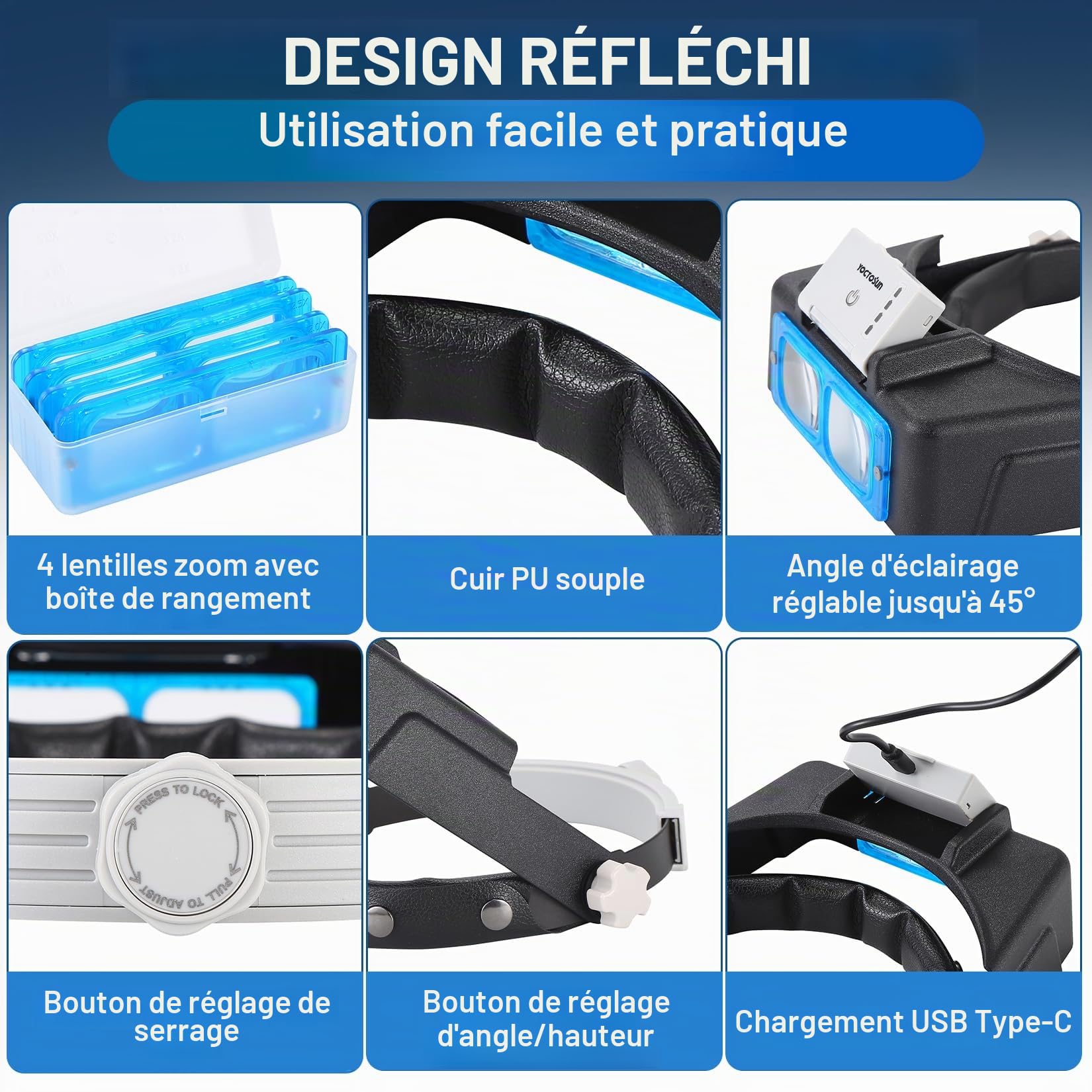 YOCTOSUN - Loupes avec lumière pour travail de près, loupe à bandeau rechargeable avec 4 verres 1,5X-3,5X, loupe mains libres avec visière pour bijoutiers, travaux manuels, loisirs