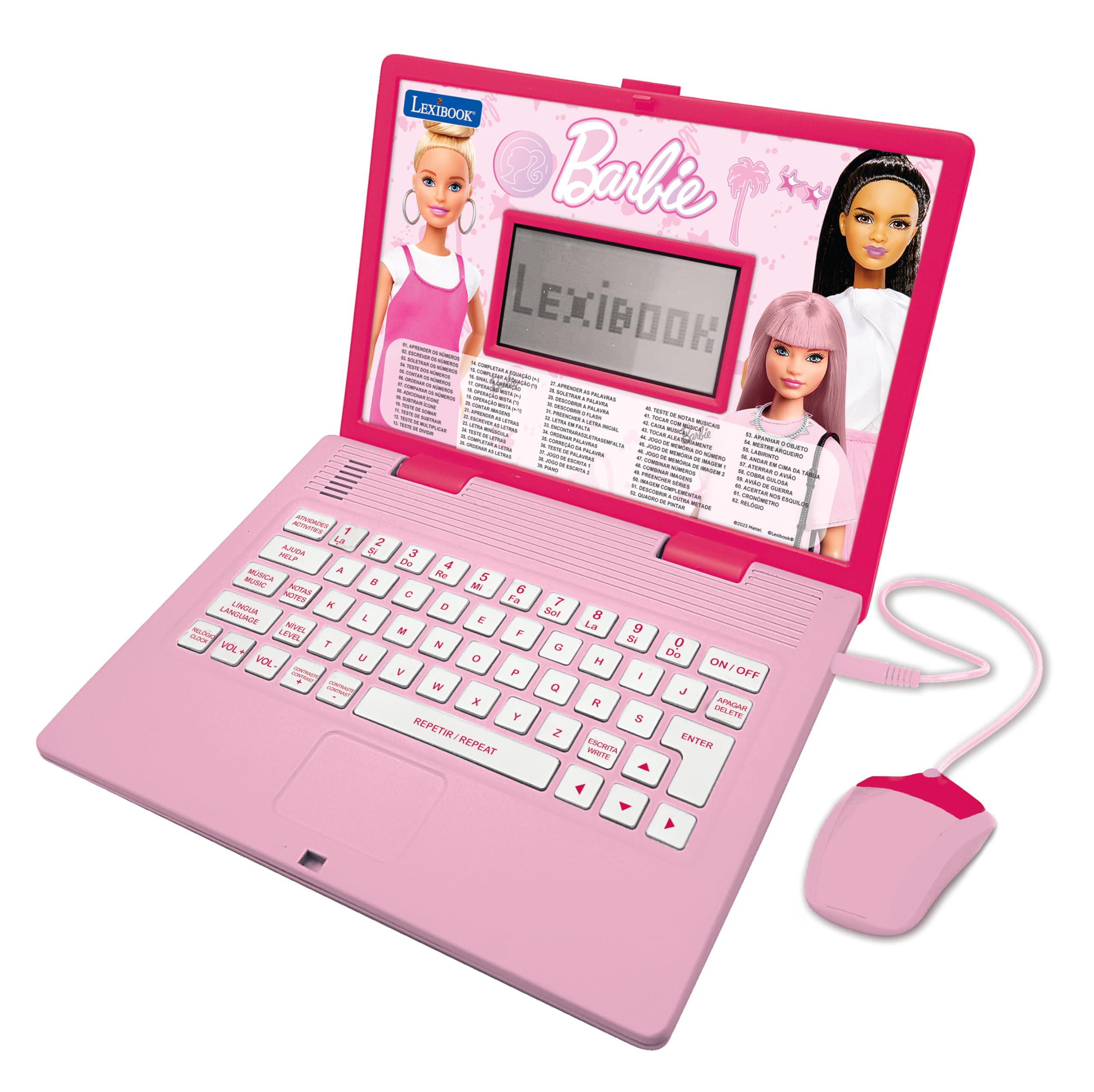 LexibookBarbie, Bilingual Portuguese/English educational computer, Toy for children with 124 language, writing, maths, logic, music activities and games, Pink, JC598BBi4