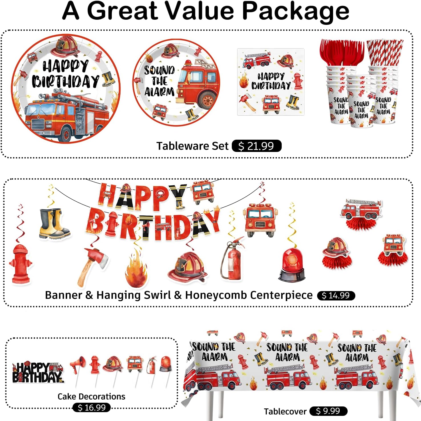 193pcs Firetruck Birthday Decorations Include Fire Truck Plates and Napkins Set, Banner, Hanging, Tablecloth, Balloon, Cupcake Topper, Centerpieces, for Firefighter Party Decorations, Serves 25