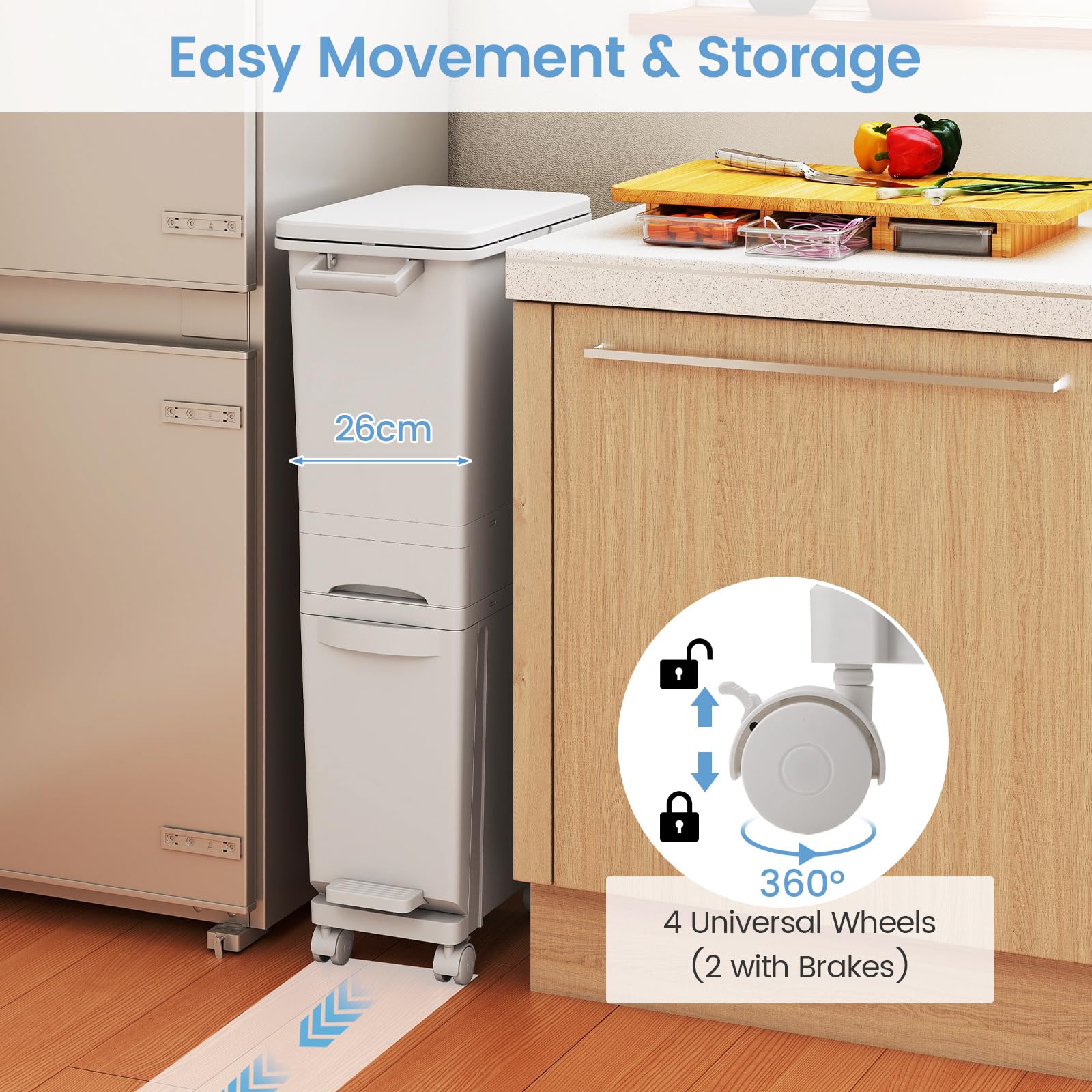 GOPLUS Cubo de Basura Vertical 30L, 3 en 1 con Pedal y Ruedas, Contenedor de Basura con Cubierta, Cajón y Pegatinas de Clasificación para Cocina y Sala de Estar (Blanco)