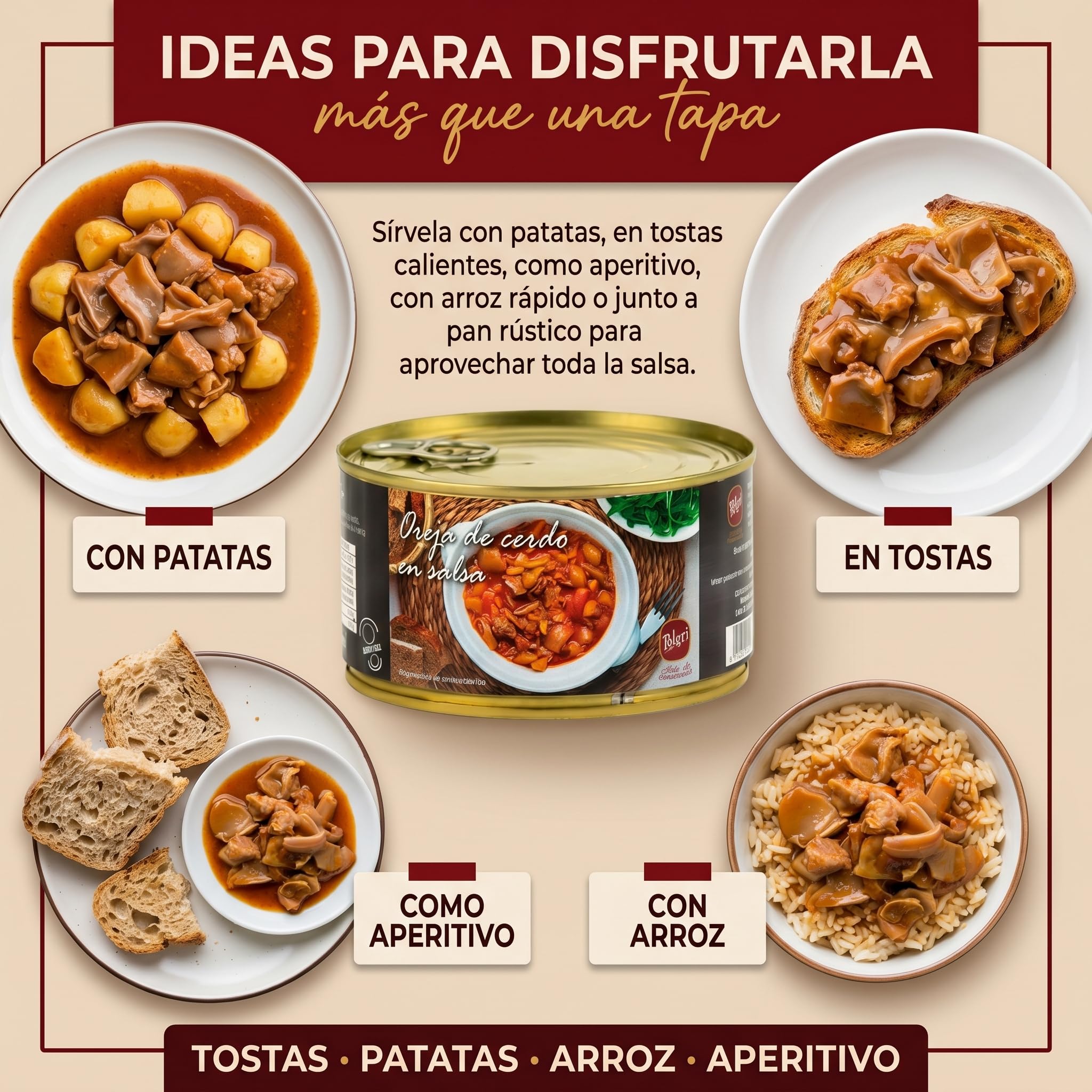 POLGRI Oreja de Cerdo en Salsa 425g x 3 latas Receta Tradicional de La Mancha Lista para Comer