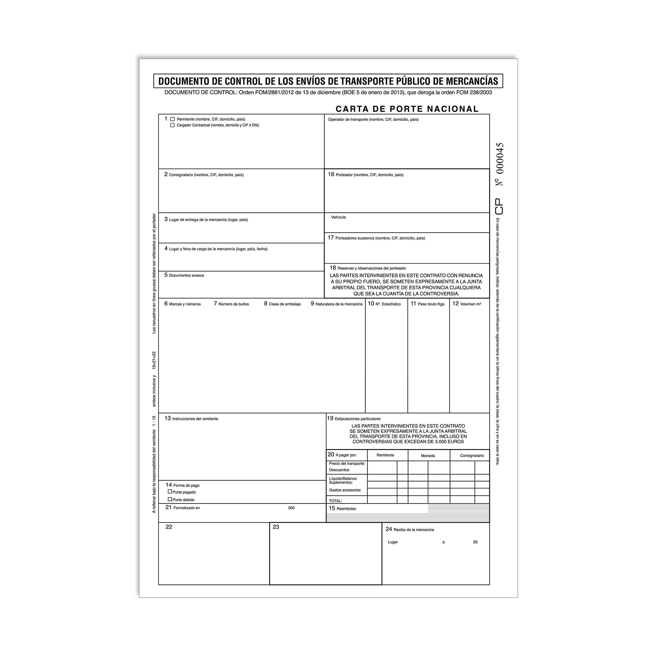 Pack 5 Talonarios CARTA DE PORTE NACIONAL, tamaño A4 - Autocopiativos
