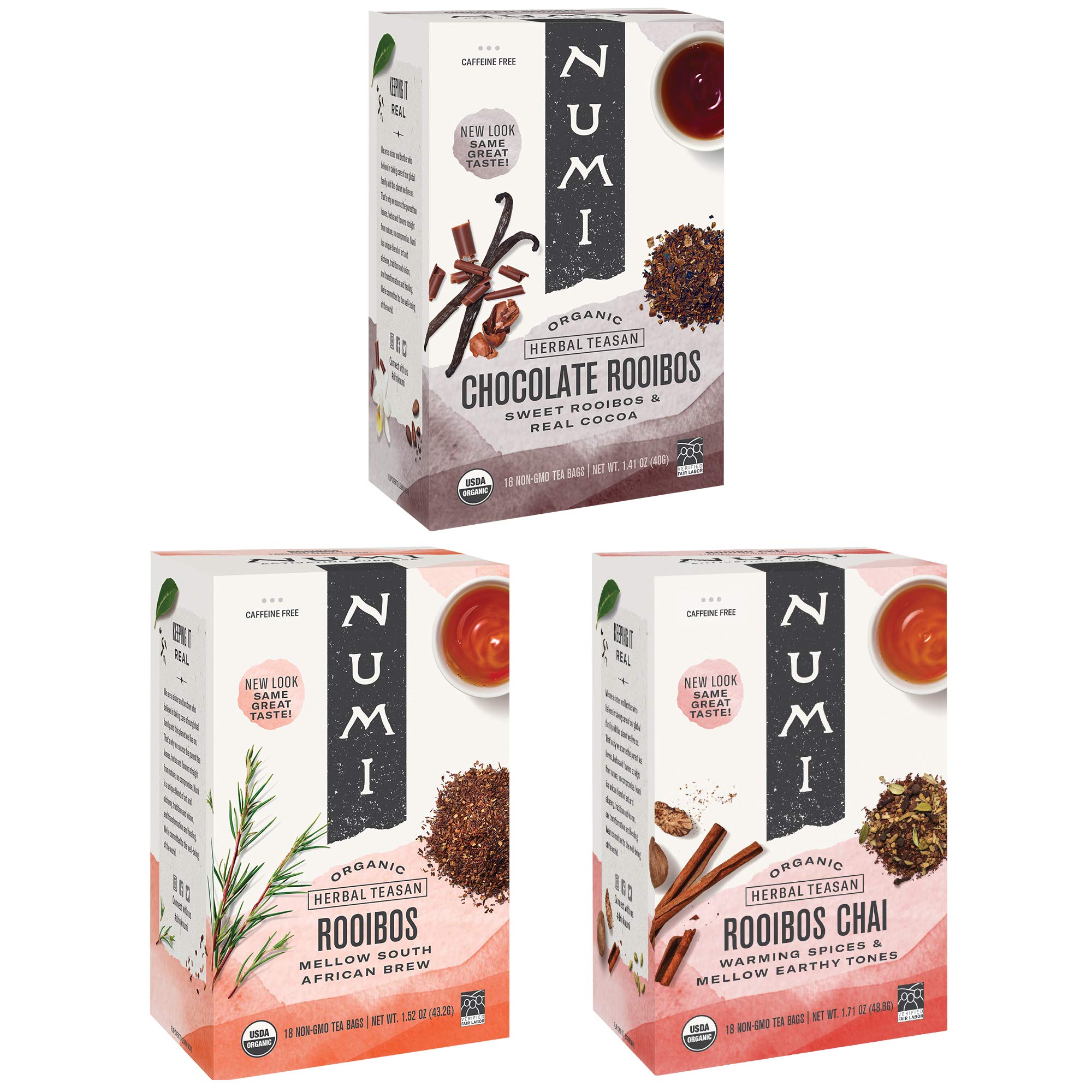 Numi Organic Rooibos Tea Variety Pack, 18 Tea Bags (Pack of 3), Chocolate Rooibos, Rooibos Chai, Rooibos (Packaging May Vary)USDA Organic
