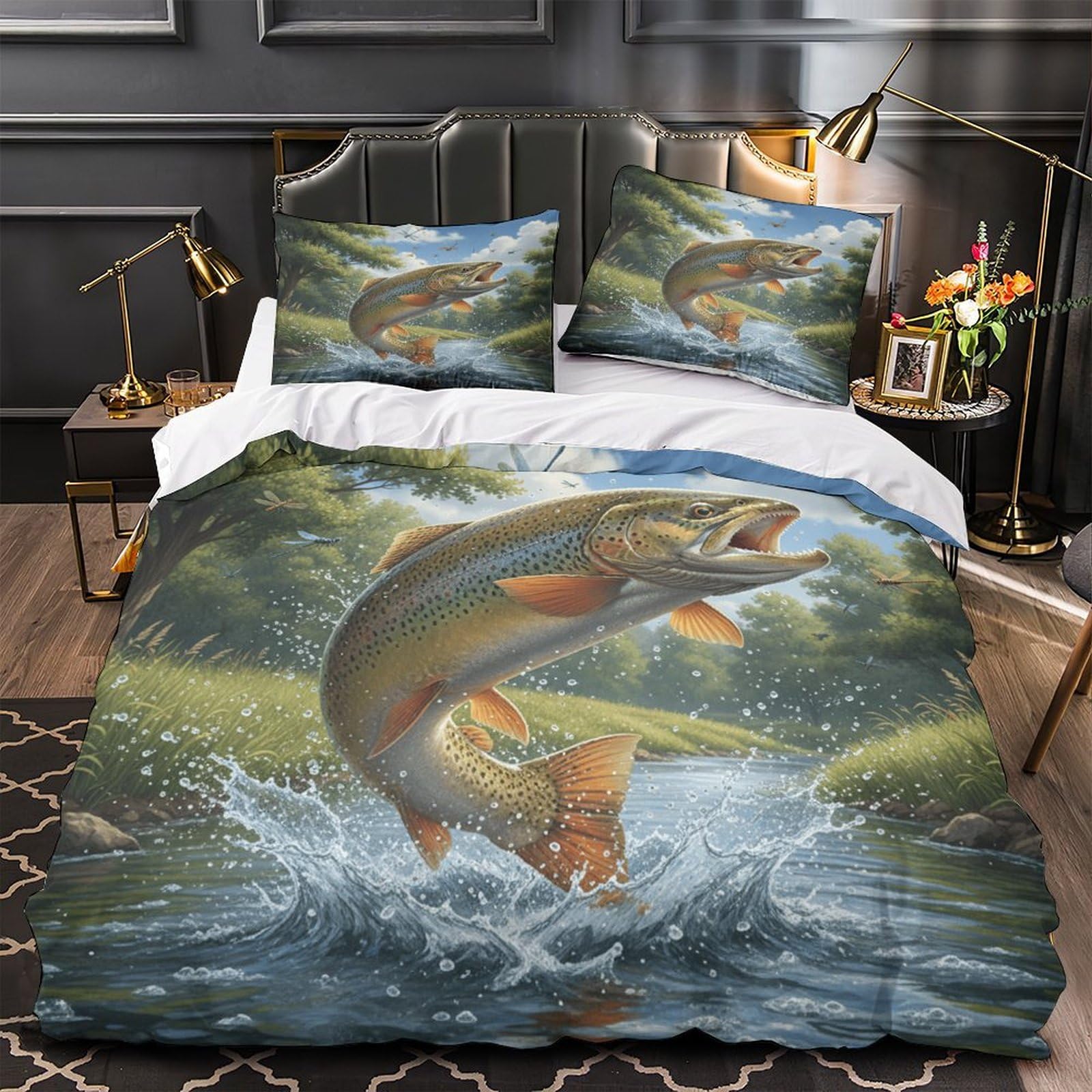 MMDASBVPE Trout Jumping Comforter Cover 3D Design Printed Luxury 3PCs Bedding Set Zipper Nature Wildlife Duvet Cover Extra Soft Easy Care for Teens Youth Teenagers Adults Women Kids Single（135x200cm）