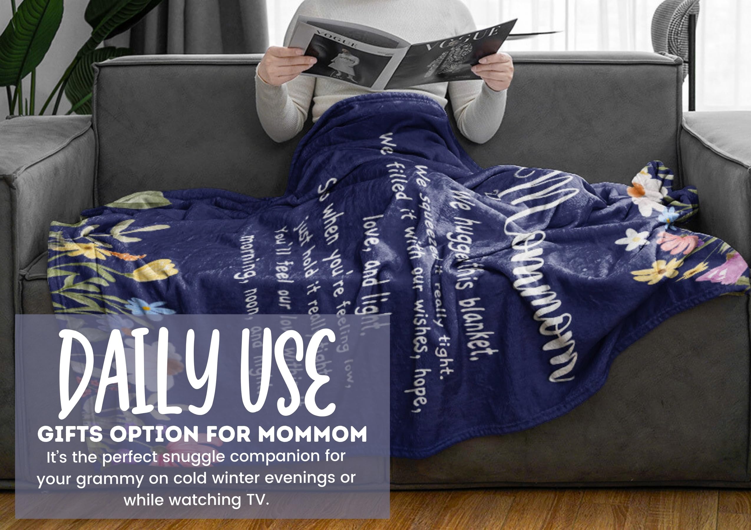 InnoBeta Mommom Gifts, Grandma Gifts for Mommom, Flannel Throw Blankets on Mother's Day, Christmas, Birthday, 50" x 65", Blue Flowers