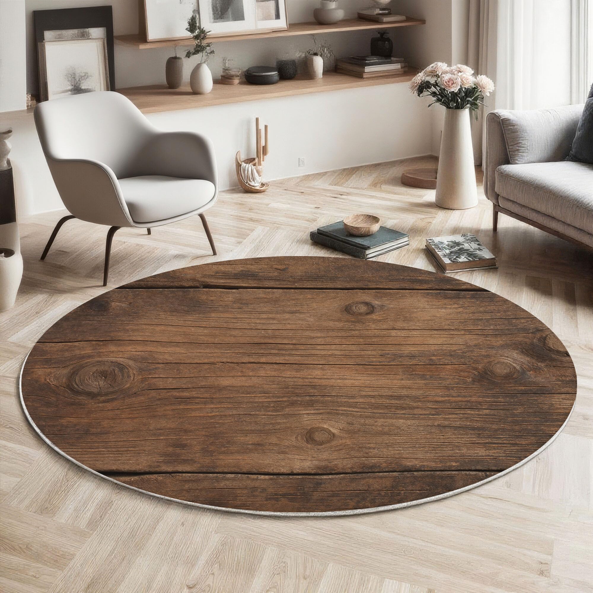 Tapis rond poil bas lavable 100cm antidérapant effet bois vieilli