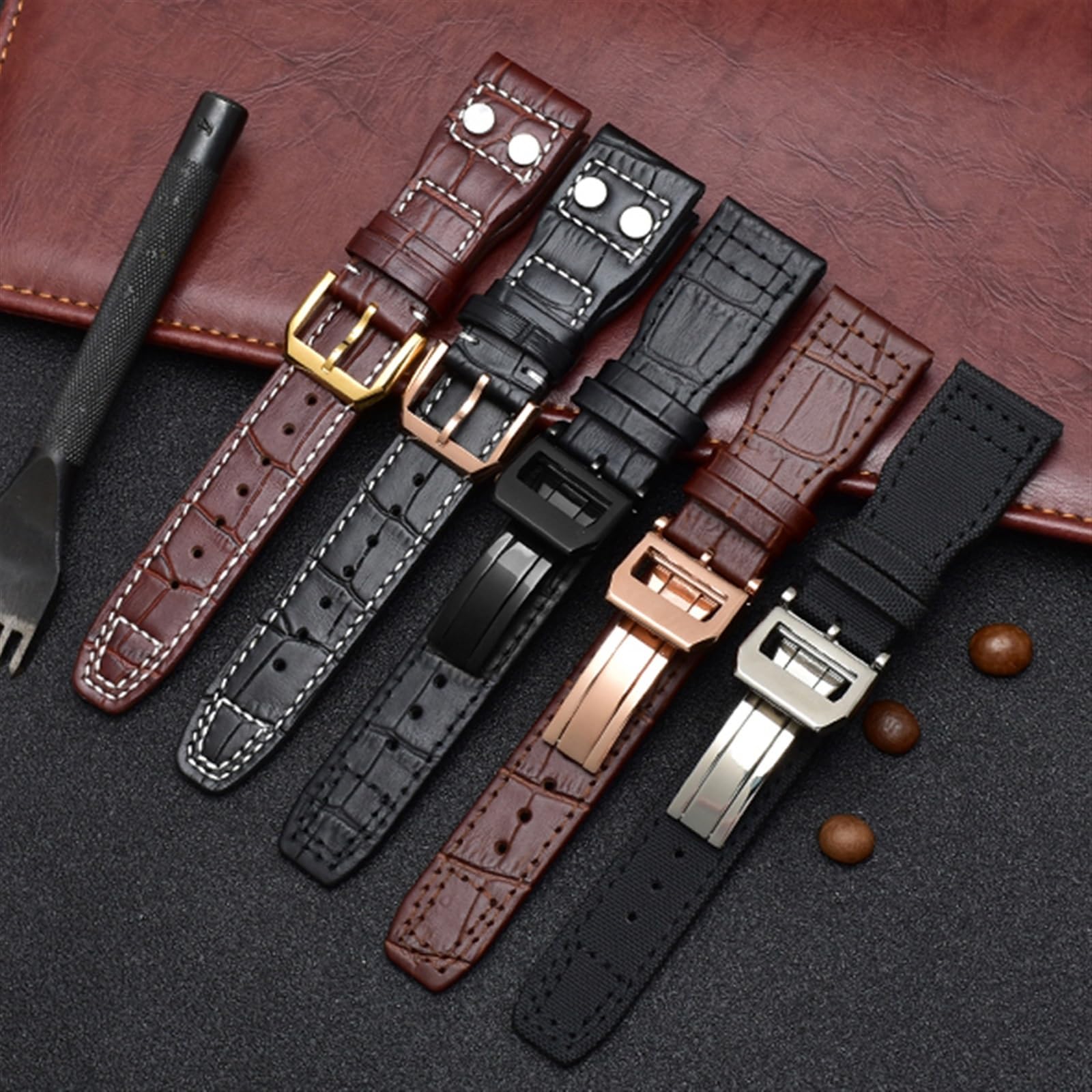 Bracelet de Montre à Rivets en Nylon et Cuir véritable de 22 mm, pour Montre de Pilote IWC Big IW5009, Bracelet en Cuir de Vache