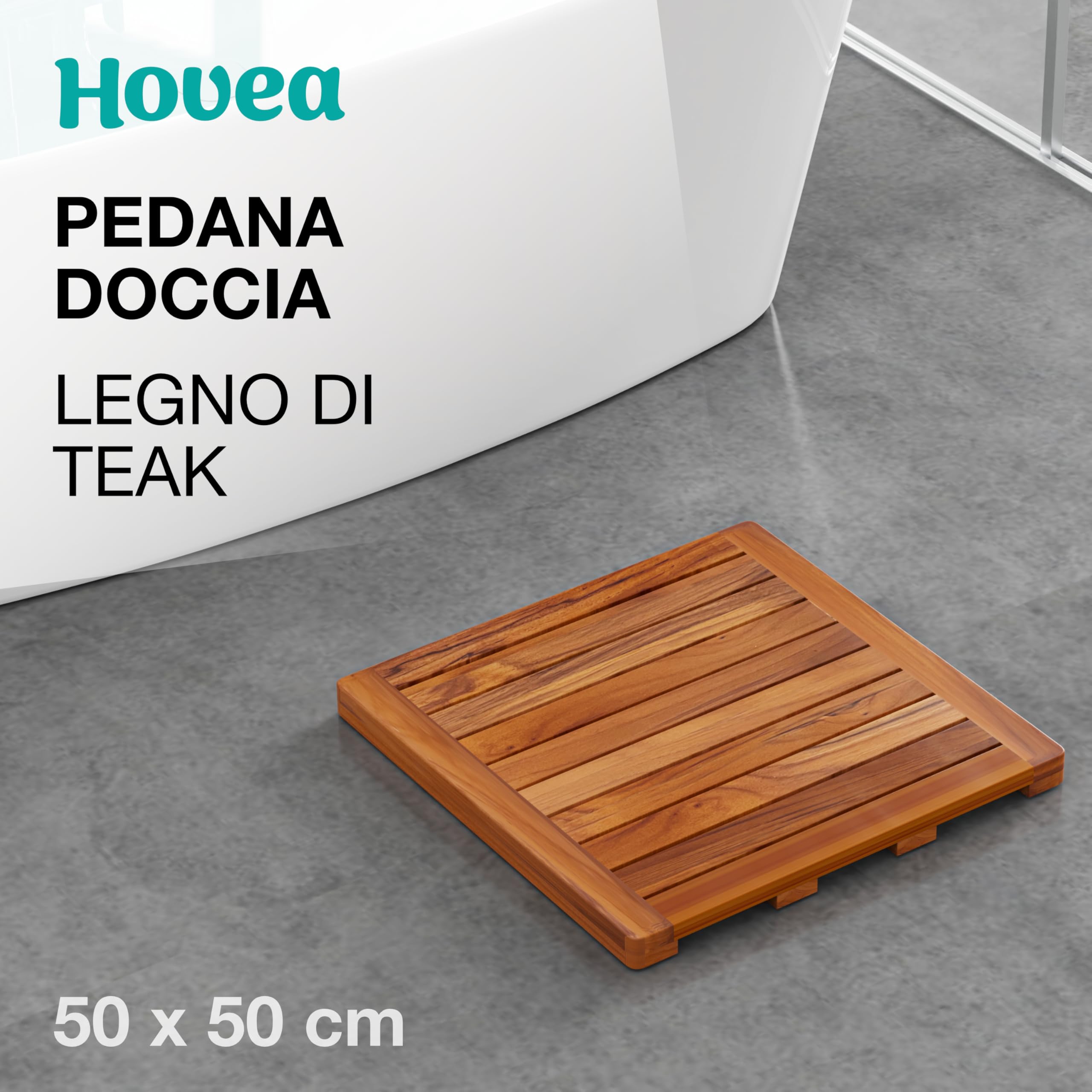Pedana Doccia in Legno 50 x 50 cm - Legno di Teak - Resistente all'Umidità, Antimuffa e Antiscivolo - Tappeto da Bagno Quadrato - Interno & Esterno - Tappetino Doccia - CB5050