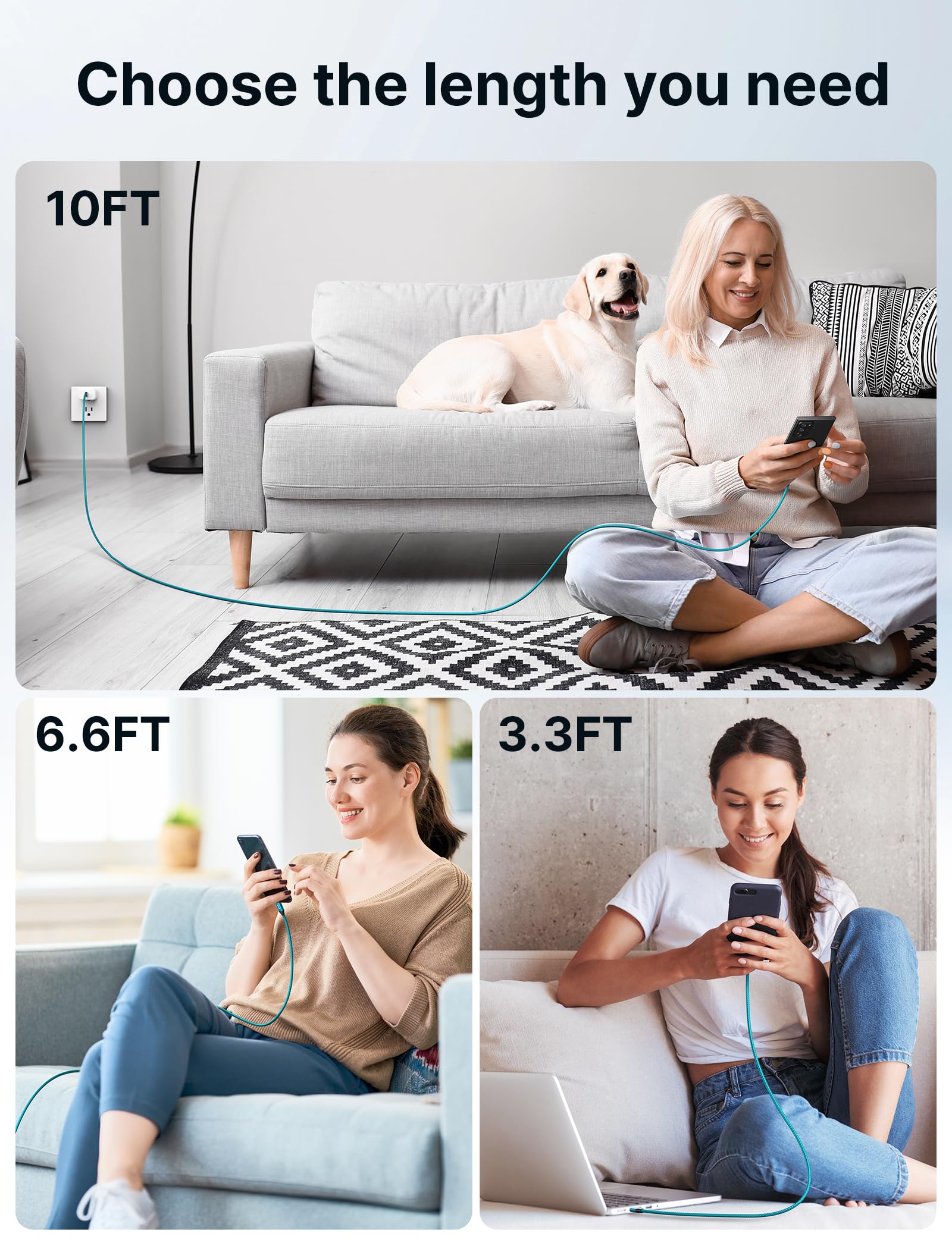 JSAUX 3-Pack USB C to USB C Cable 100W [10ft/6.6ft/3.3ft] Compatible with iPhone 17 Air 16 15 Pro Max Samsung Galaxy S25 S24 CarPlay iPad Pro, Type C to C Charger Cable Fast Charging - Green - Additional View