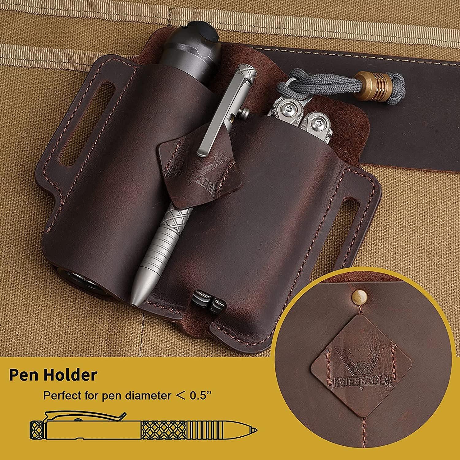 VIPERADE PJ19 Sac fourre-Tout en Cuir EDC avec Porte-clés, Boucle de Ceinture, Porte-Stylo pour Lampe de Poche, Outils de Camping en Plein air