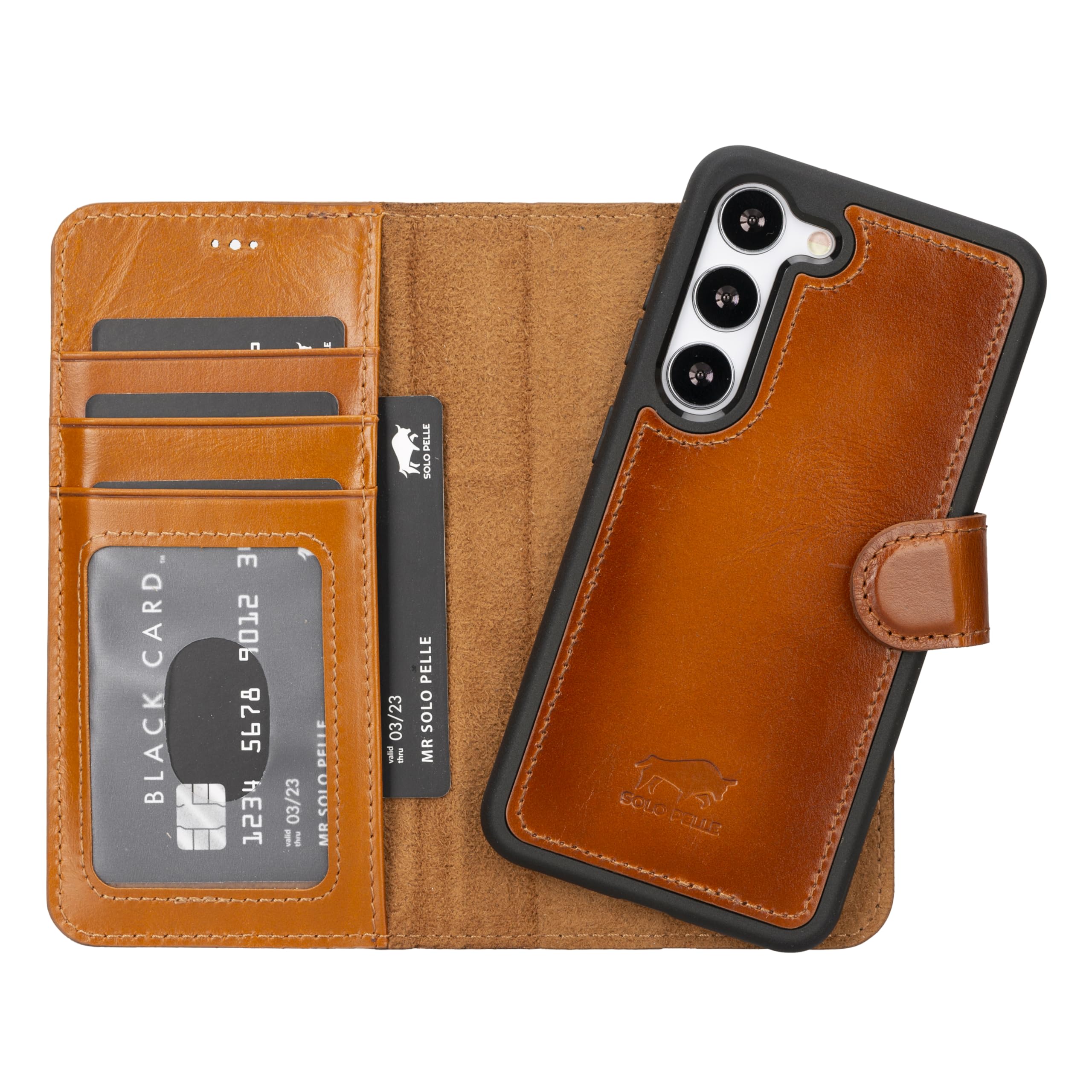 Solo Pelle Lederhülle Harvard kompatibel für das Samsung Galaxy S24 Ultra inklusive abnehmbare Hülle mit integrierten Kartenfächern (Cognac Braun)
