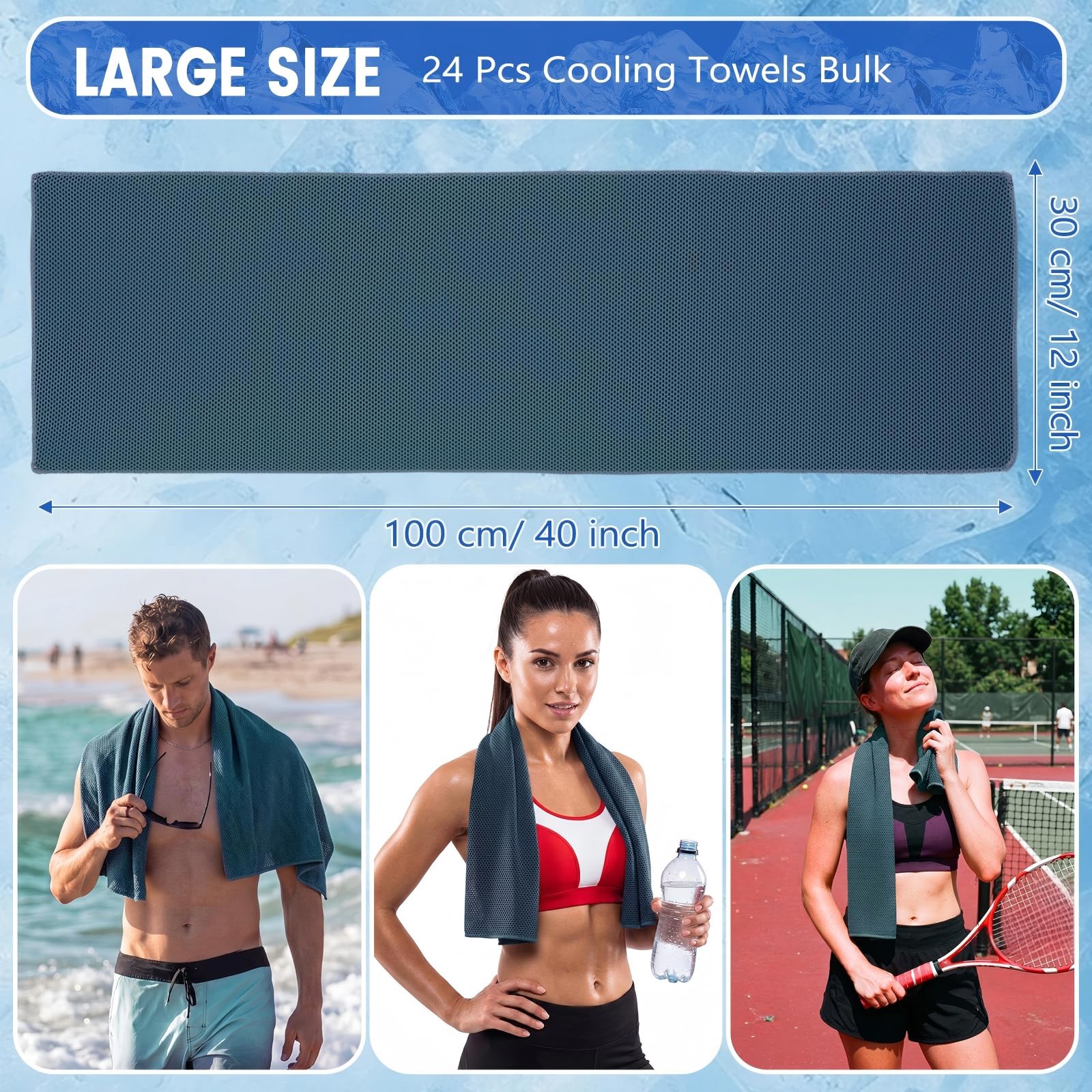 Confezione da 24 Asciugamani rinfrescanti 40"x12" (101x30 cm) in Microfibra,Traspiranti,Morbidi e rinfrescanti,Ideali per Allenamento in Palestra,Yoga,Golf,Corsa (Blu Polvere).