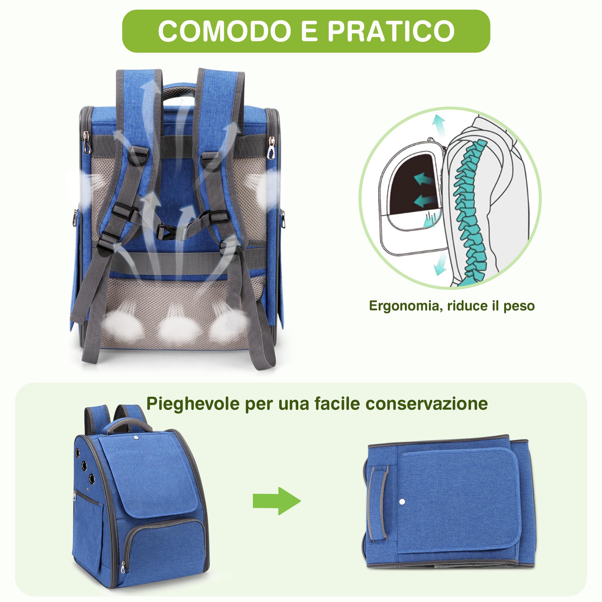 ALLSOPETS Zaino per Cani, Trasportino Gatto Zaino Pieghevole e Traspirante per Cani e Gatti con Tendine Parasole Ideale per Viaggi Escursioni e Campeggio (Blu Reale)
